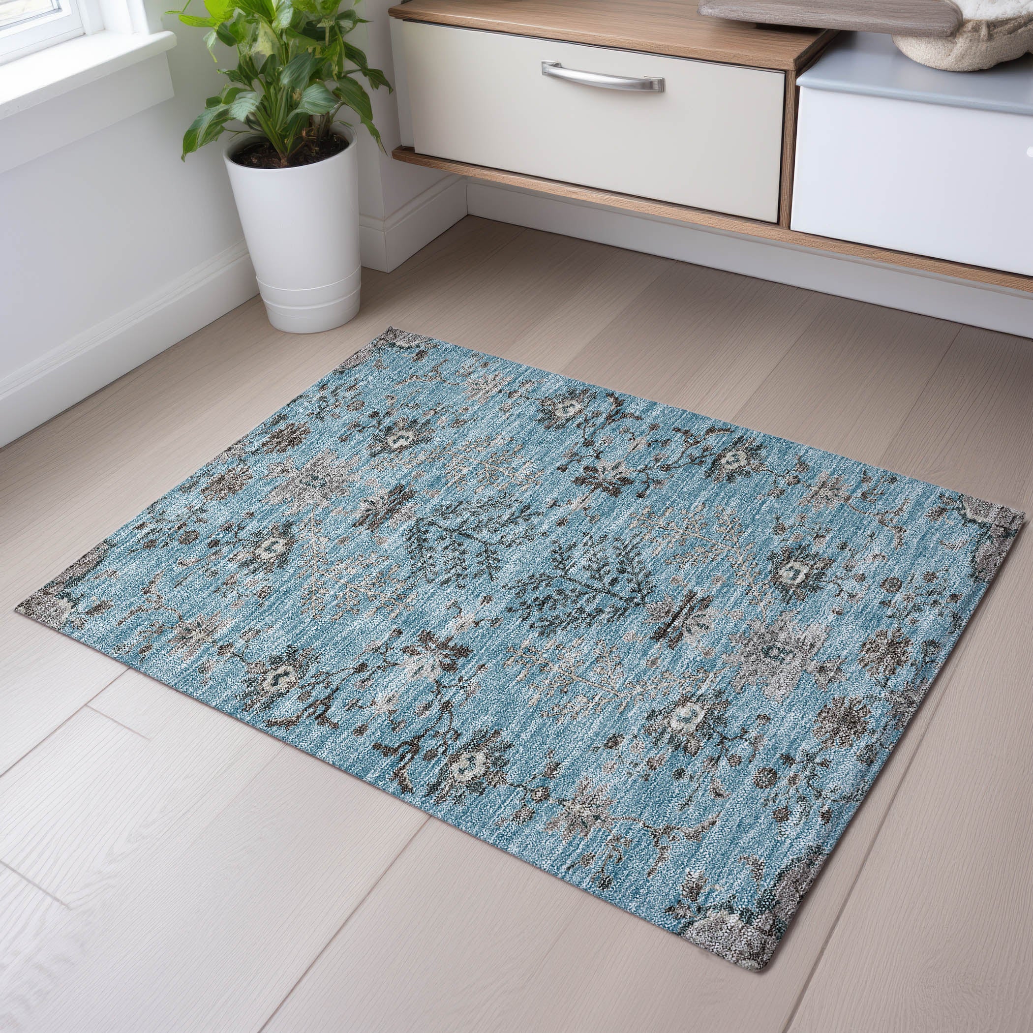 Queenstown Machine Washable Transitional Sky Blue Rug 1'8" x 2'6" #shape_Rectangle