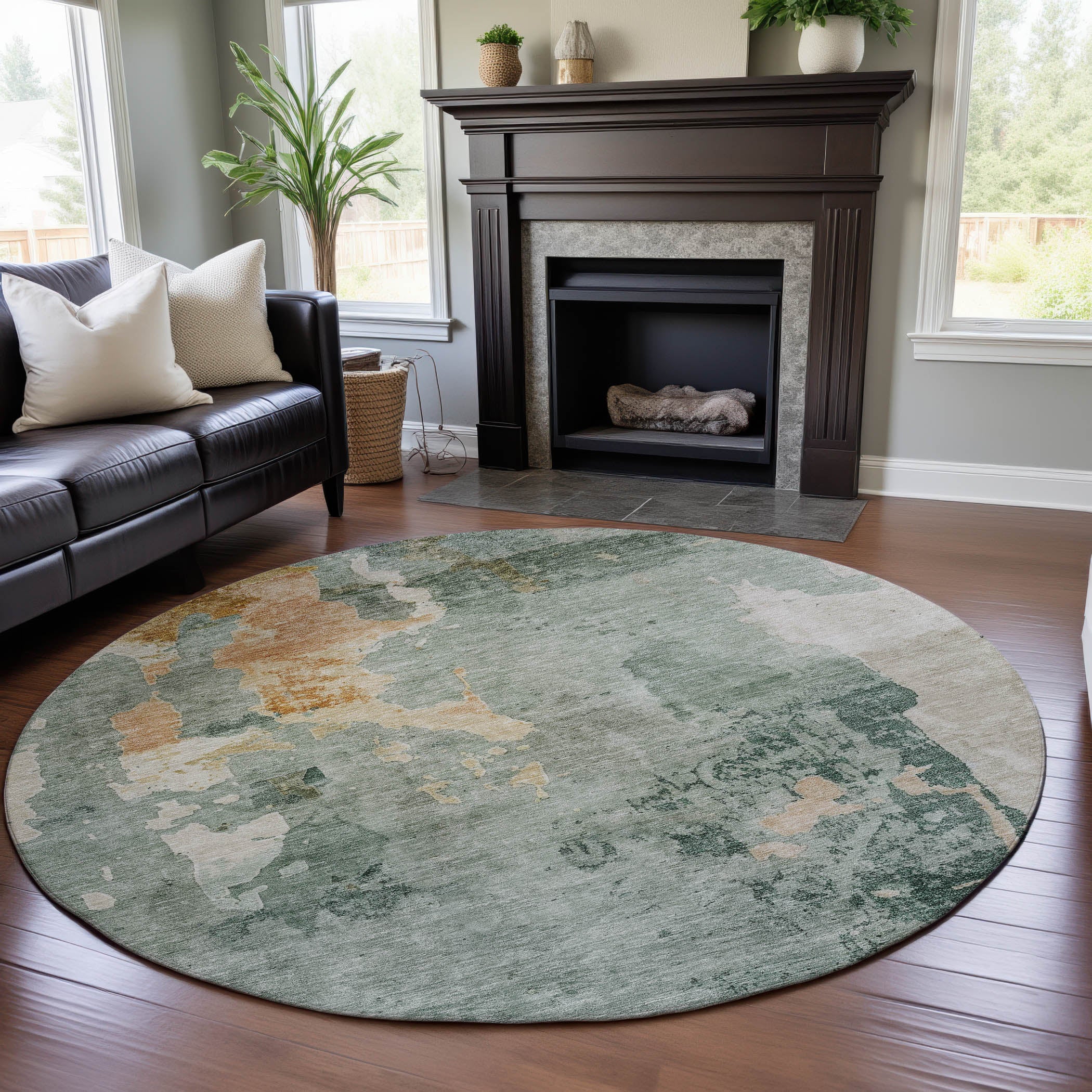 Sarajevo Machine Washable Transitional Seafoam Blue Rug 8' x 8' #shape_Round