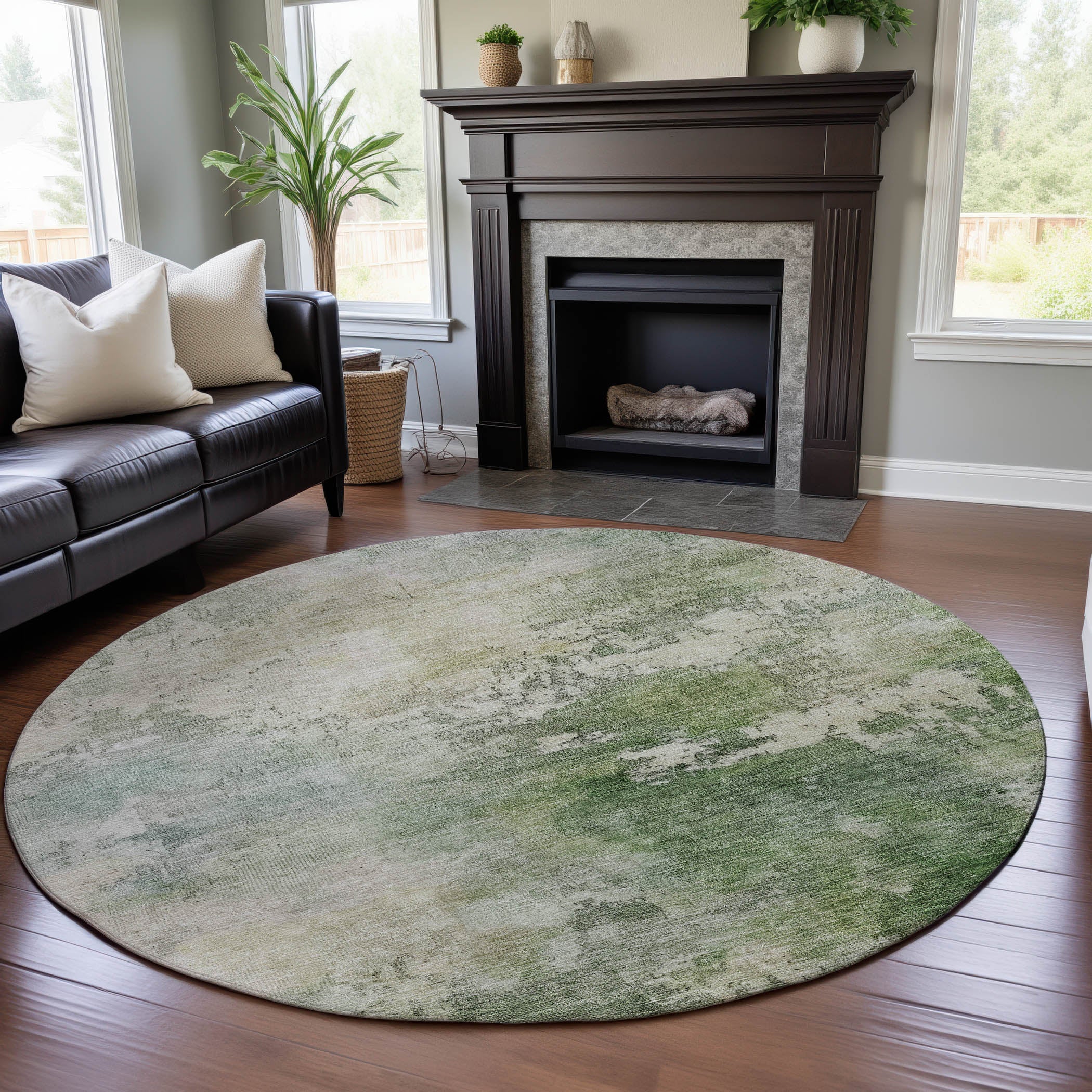 Rome Machine Washable Transitional Aloe Green Rug 8' x 8' #shape_Round