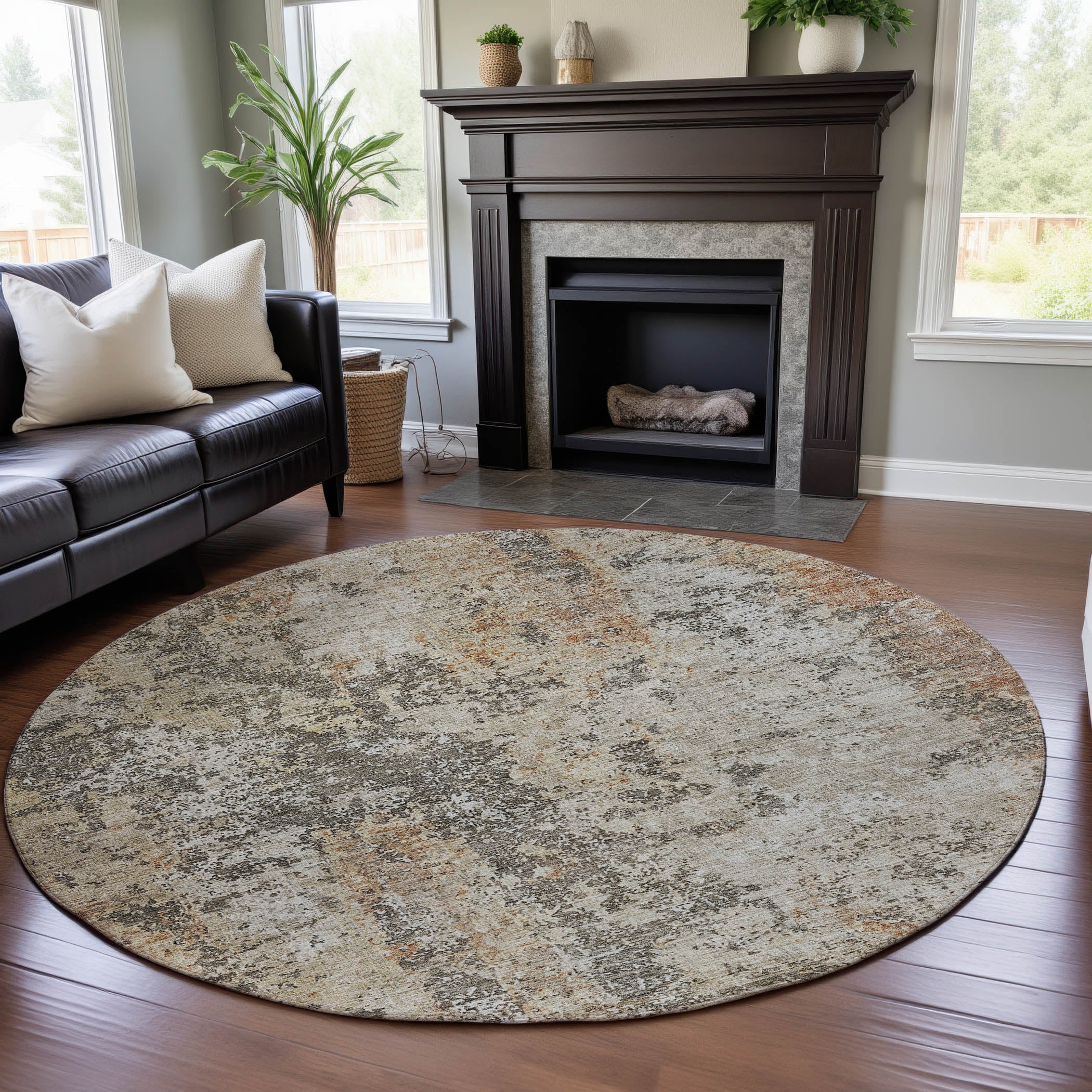 Chiang Mai Machine Washable Transitional Terracotta Orange Rug 8' x 8' #shape_Round