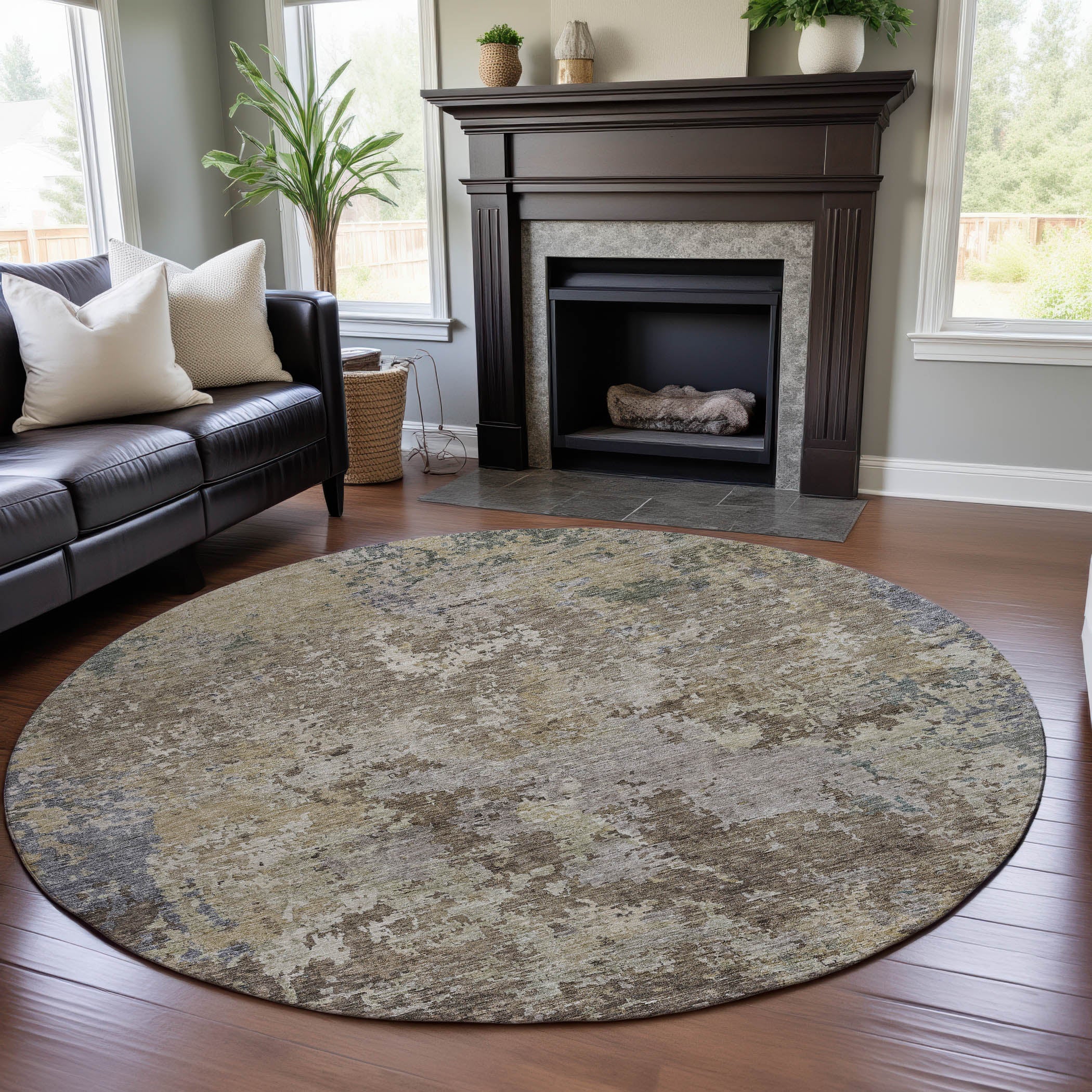 Lucerne Machine Washable Transitional Beige Brown Rug 8' x 8' #shape_Round