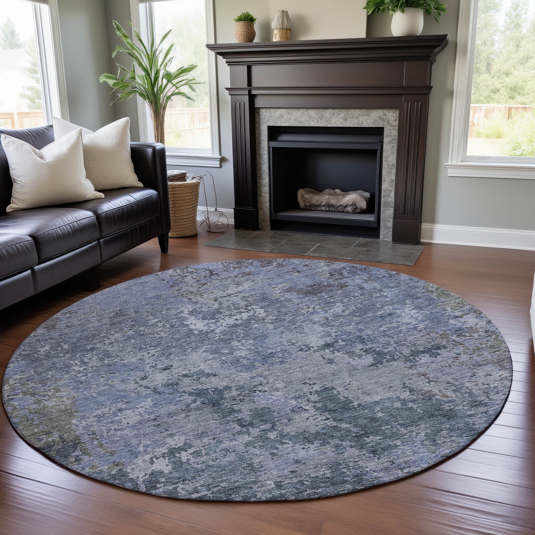 Lucerne Machine Washable Transitional Blue Rug 8' x 8' #shape_Round