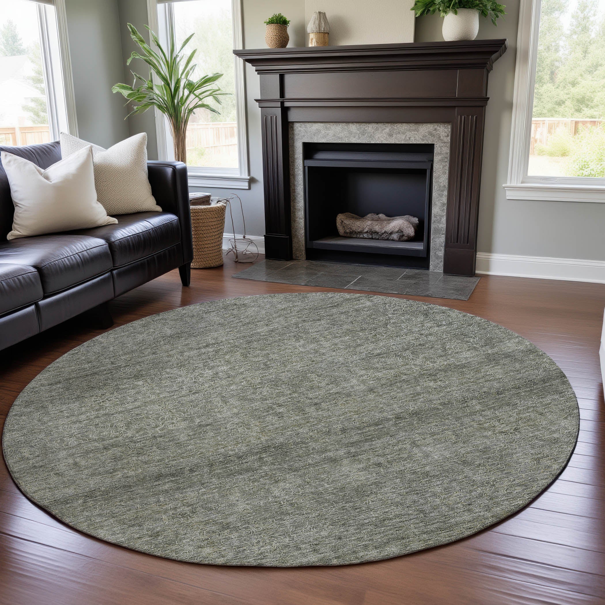 Tallinn Machine Washable Transitional Sage Green Rug 8' x 8' #shape_Round