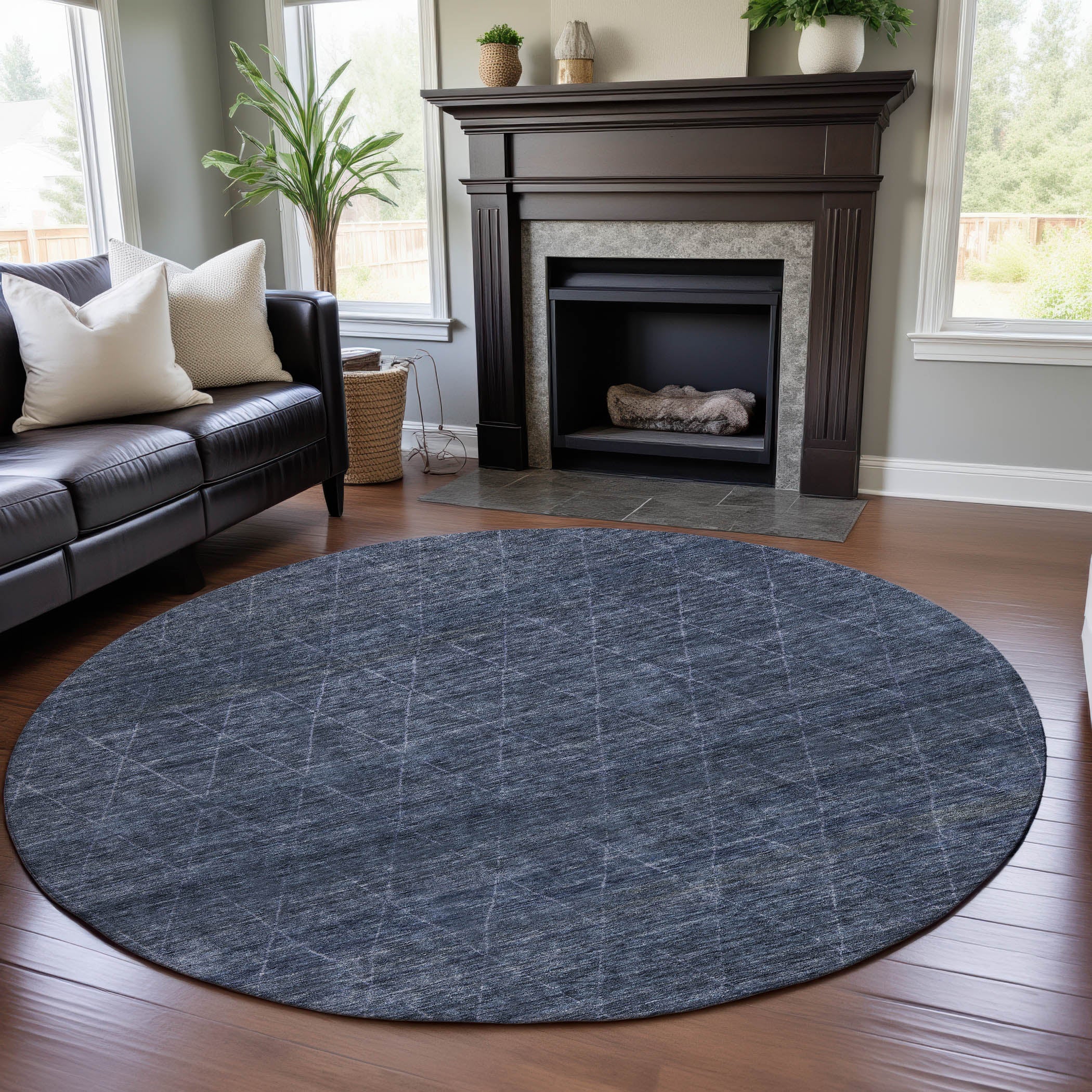 Bangkok Machine Washable Transitional Navy Blue Rug 8' x 8' #shape_Round