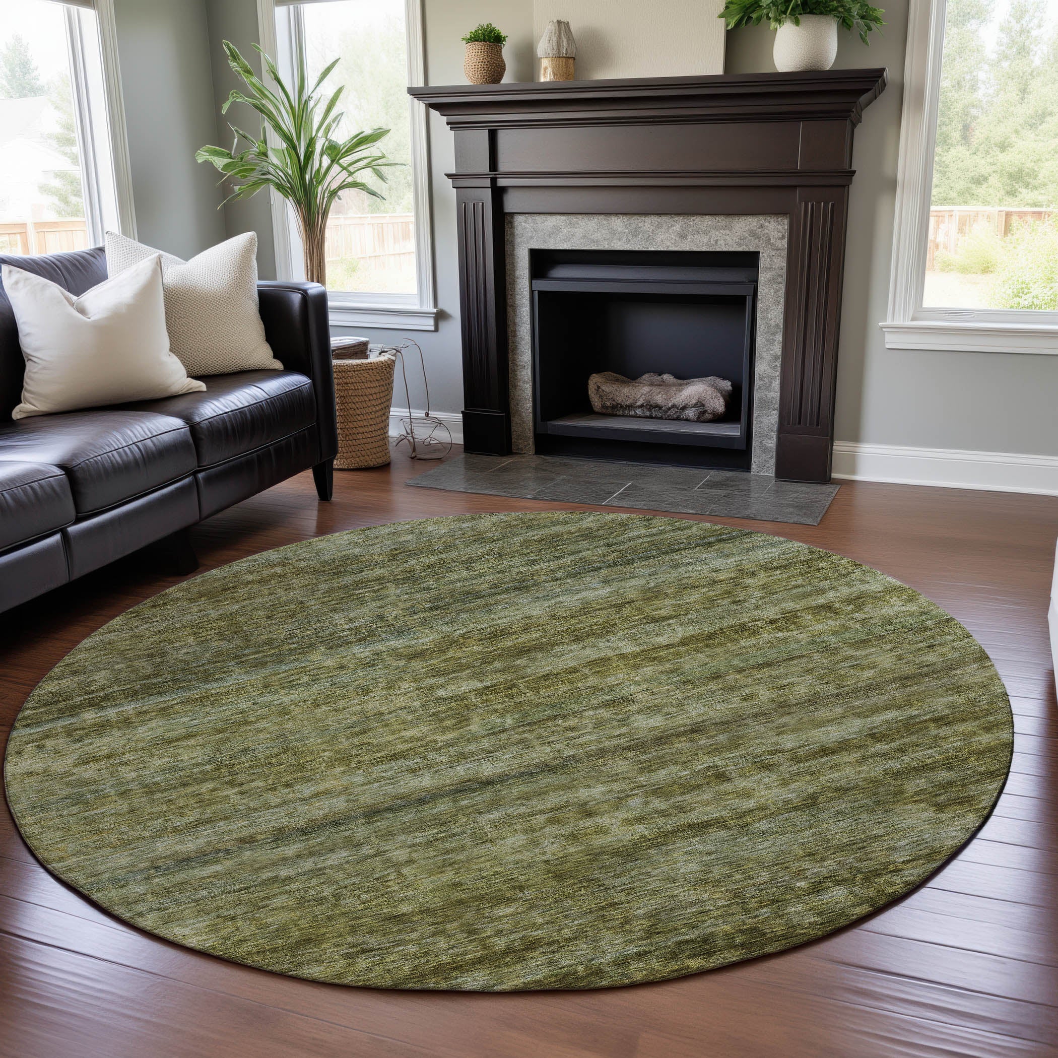 Mostar Machine Washable Transitional Olive Green Rug 8' x 8' #shape_Round