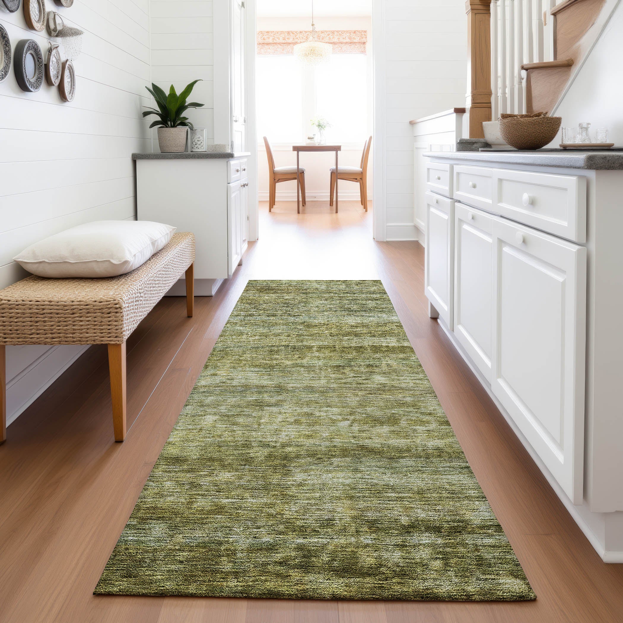 Mostar Machine Washable Transitional Olive Green Rug 2'3" x 7'6" #shape_Runner