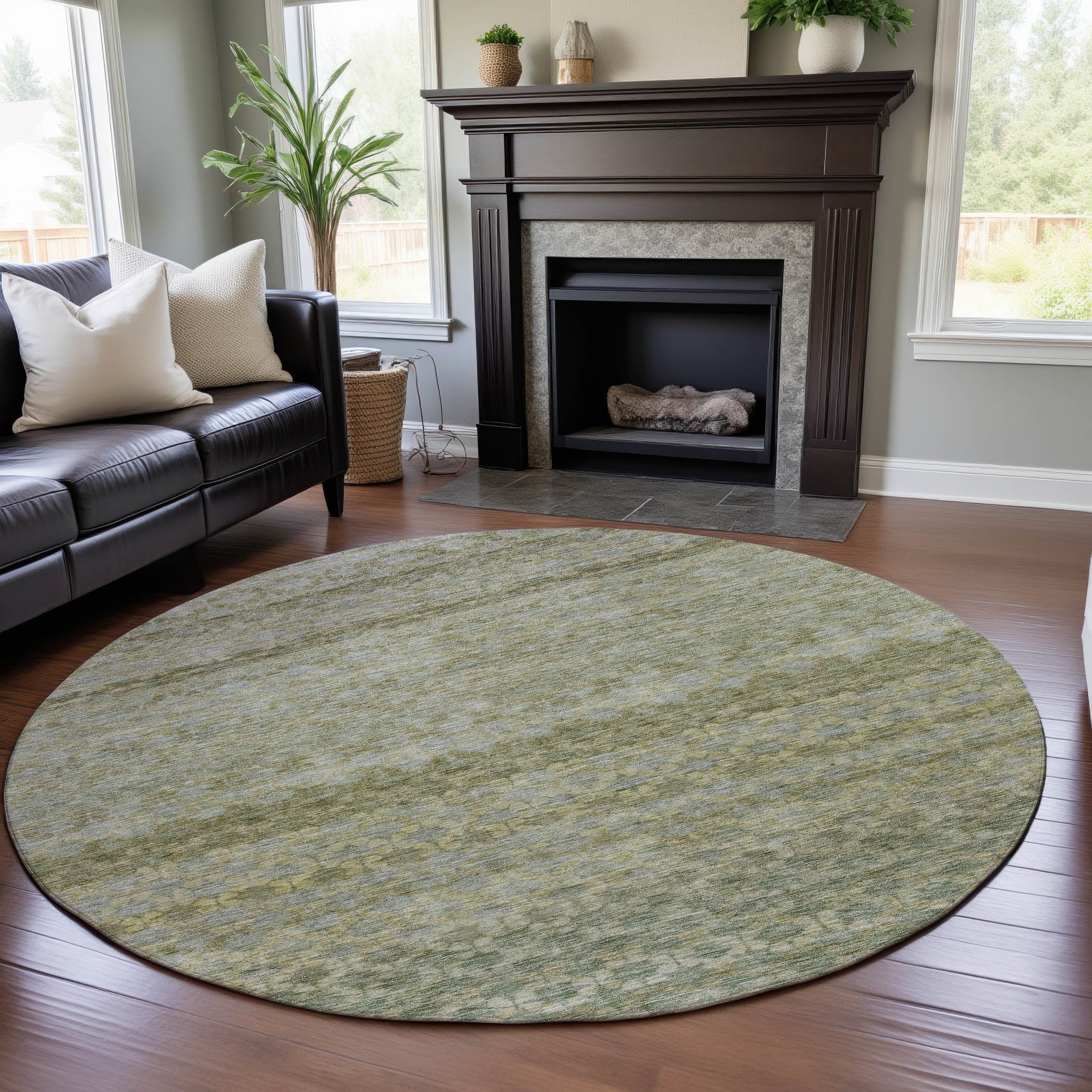 Vienna Machine Washable Transitional Aloe Green Rug 8' x 8' #shape_Round
