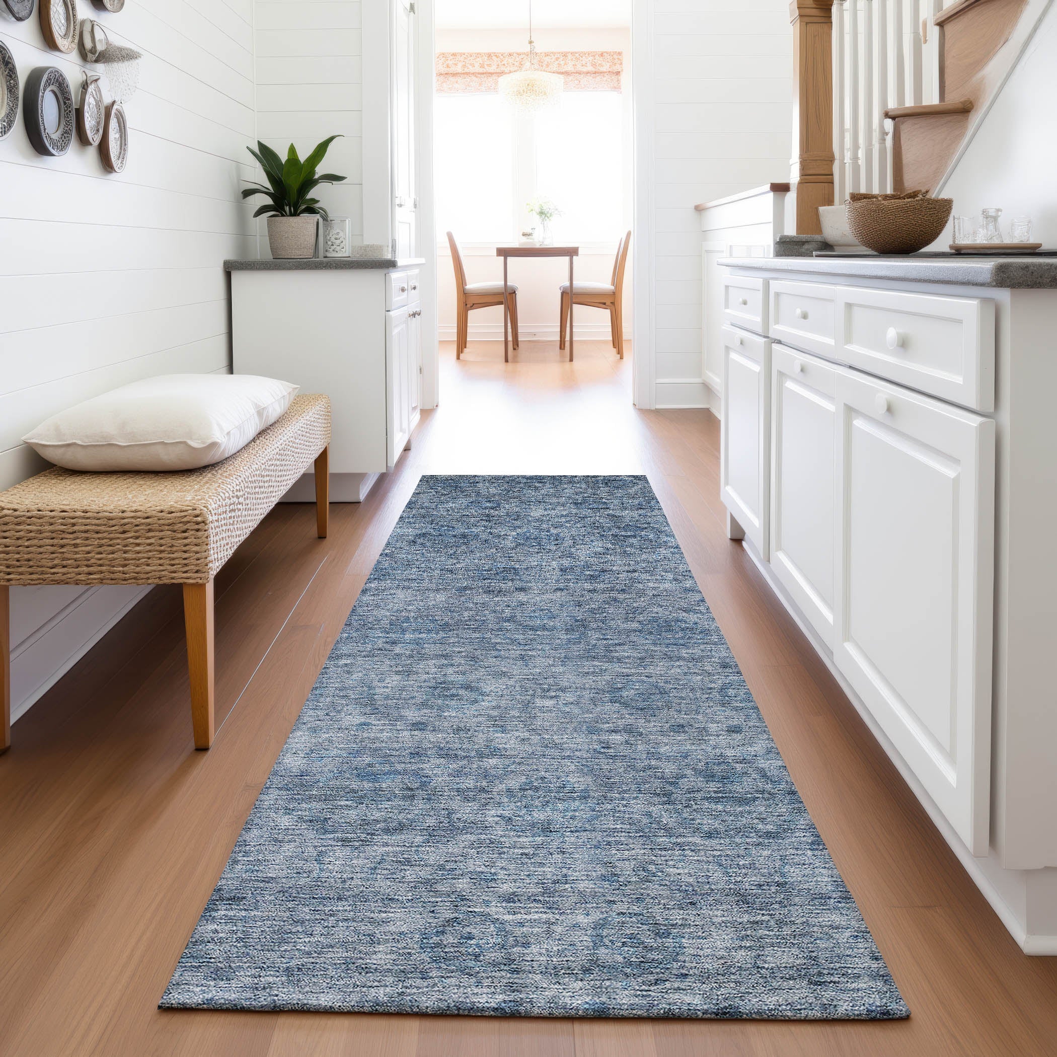 Reykjavik Machine Washable Transitional Blue Rug 2'3" x 7'6" #shape_Runner