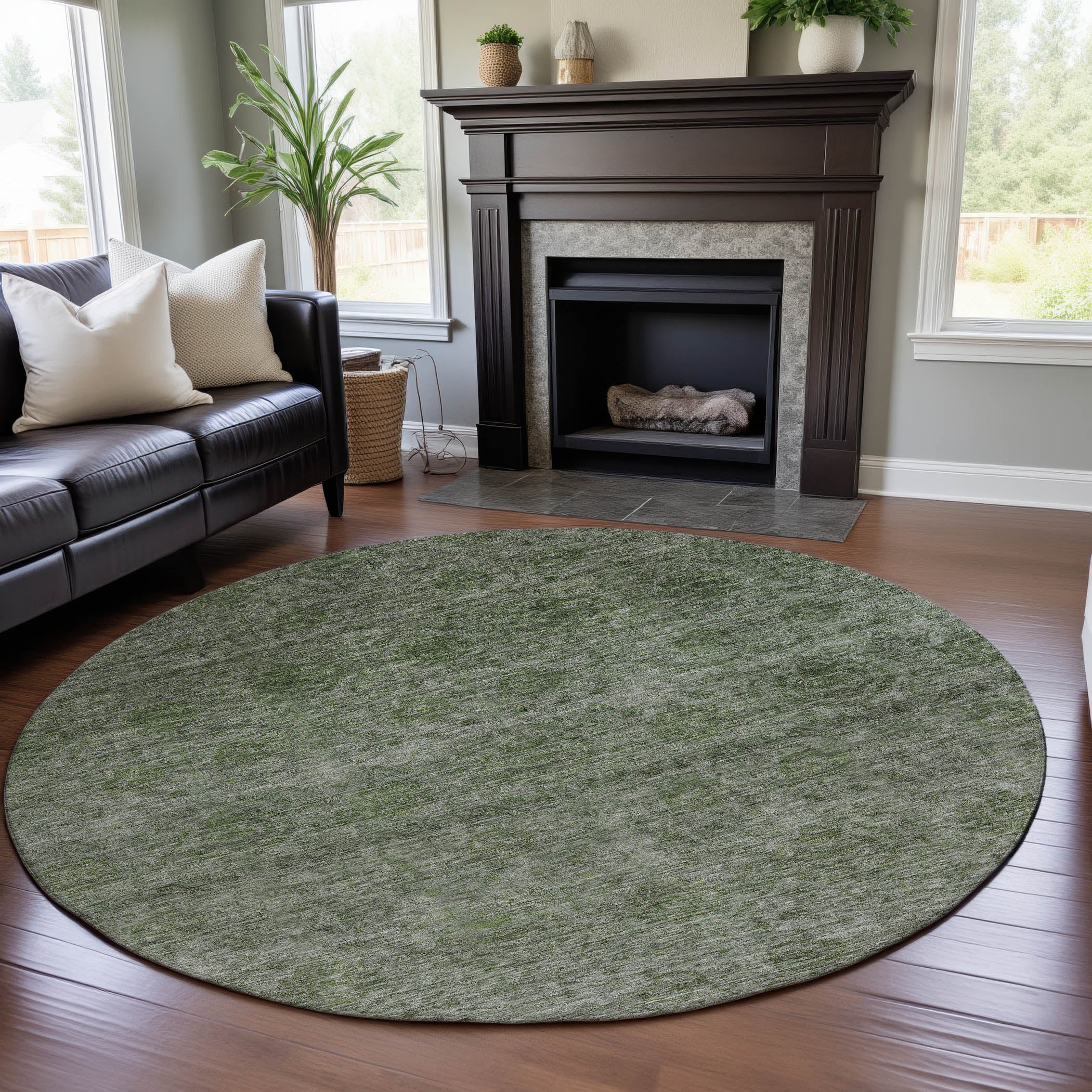 Reykjavik Machine Washable Transitional Olive Green Rug 8' x 8' #shape_Round
