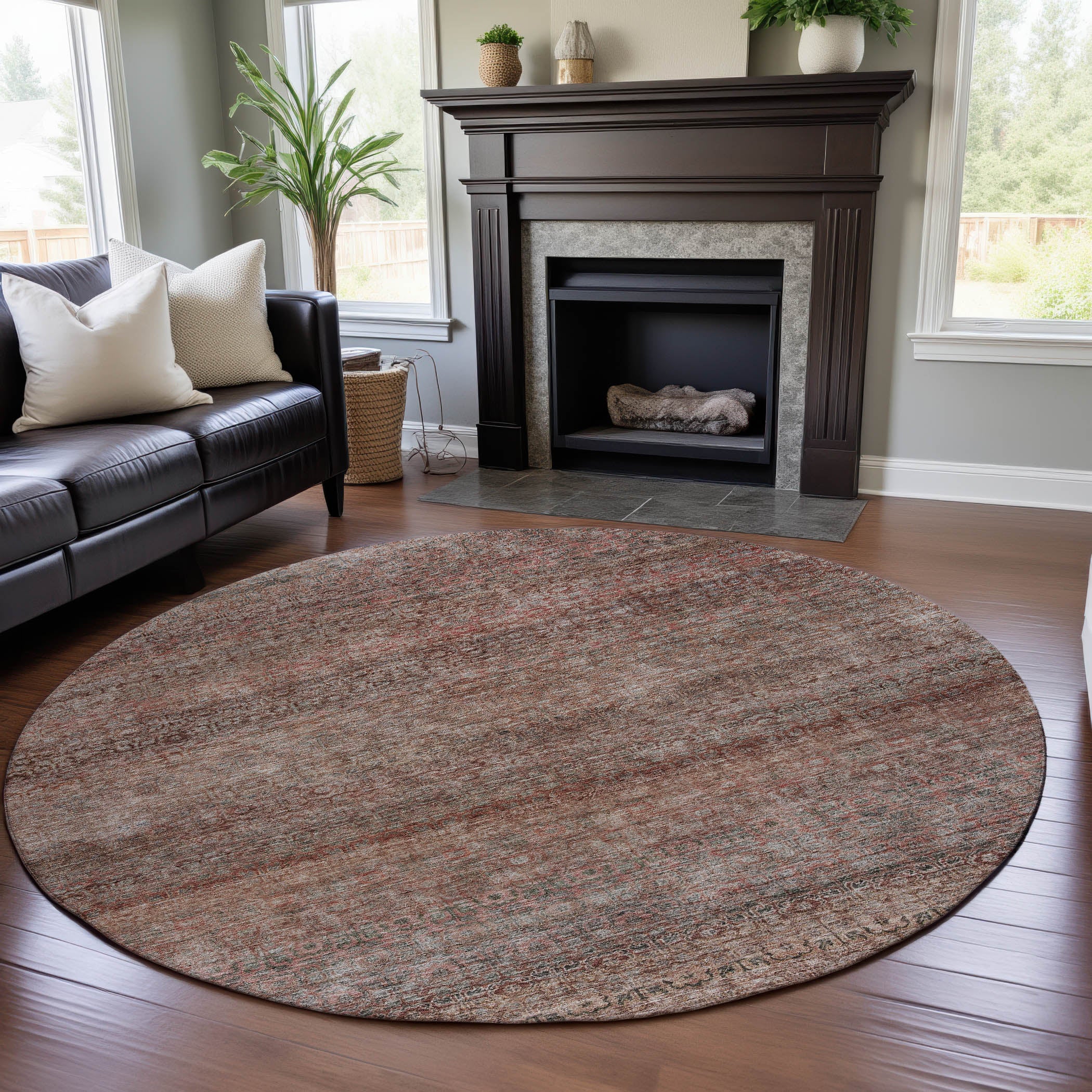 Athens Machine Washable Transitional Coral Orange Rug 8' x 8' #shape_Round