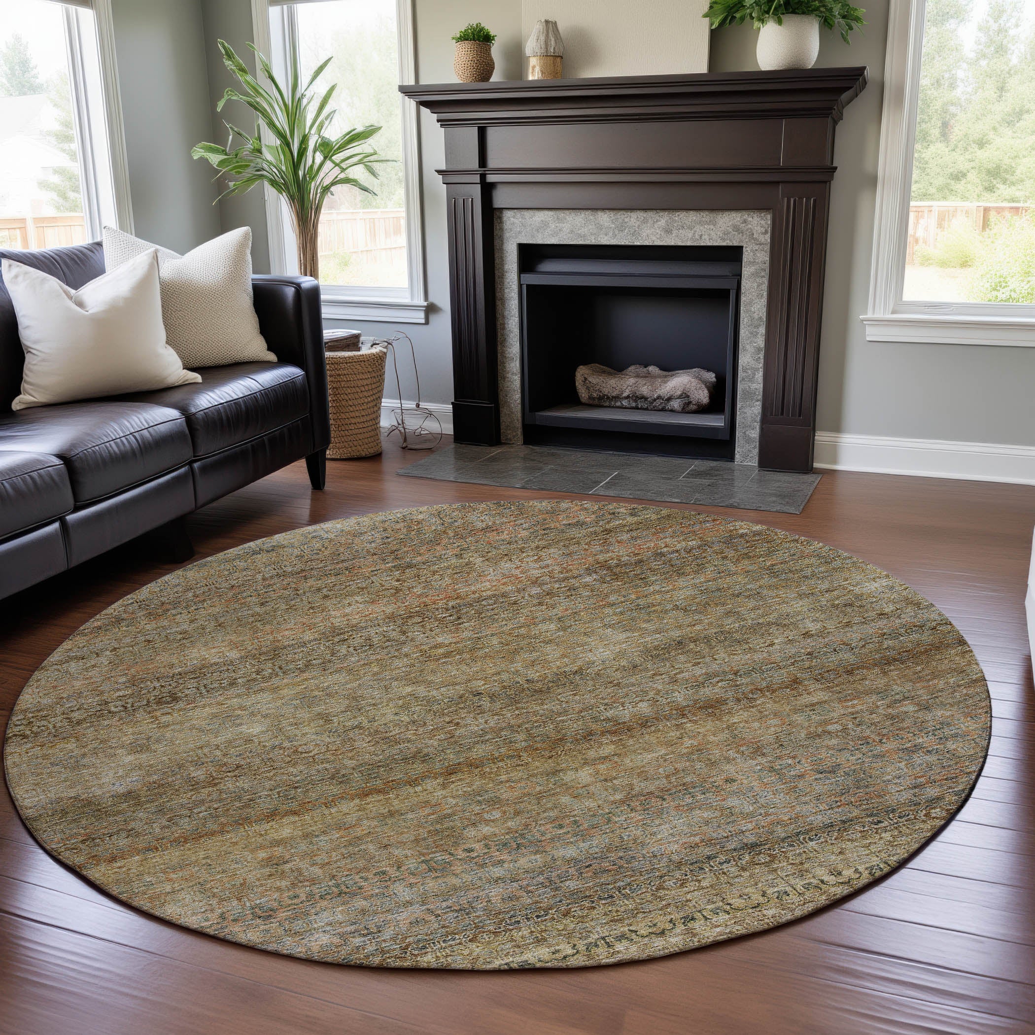 Athens Machine Washable Transitional Wheat Gold Rug 8' x 8' #shape_Round