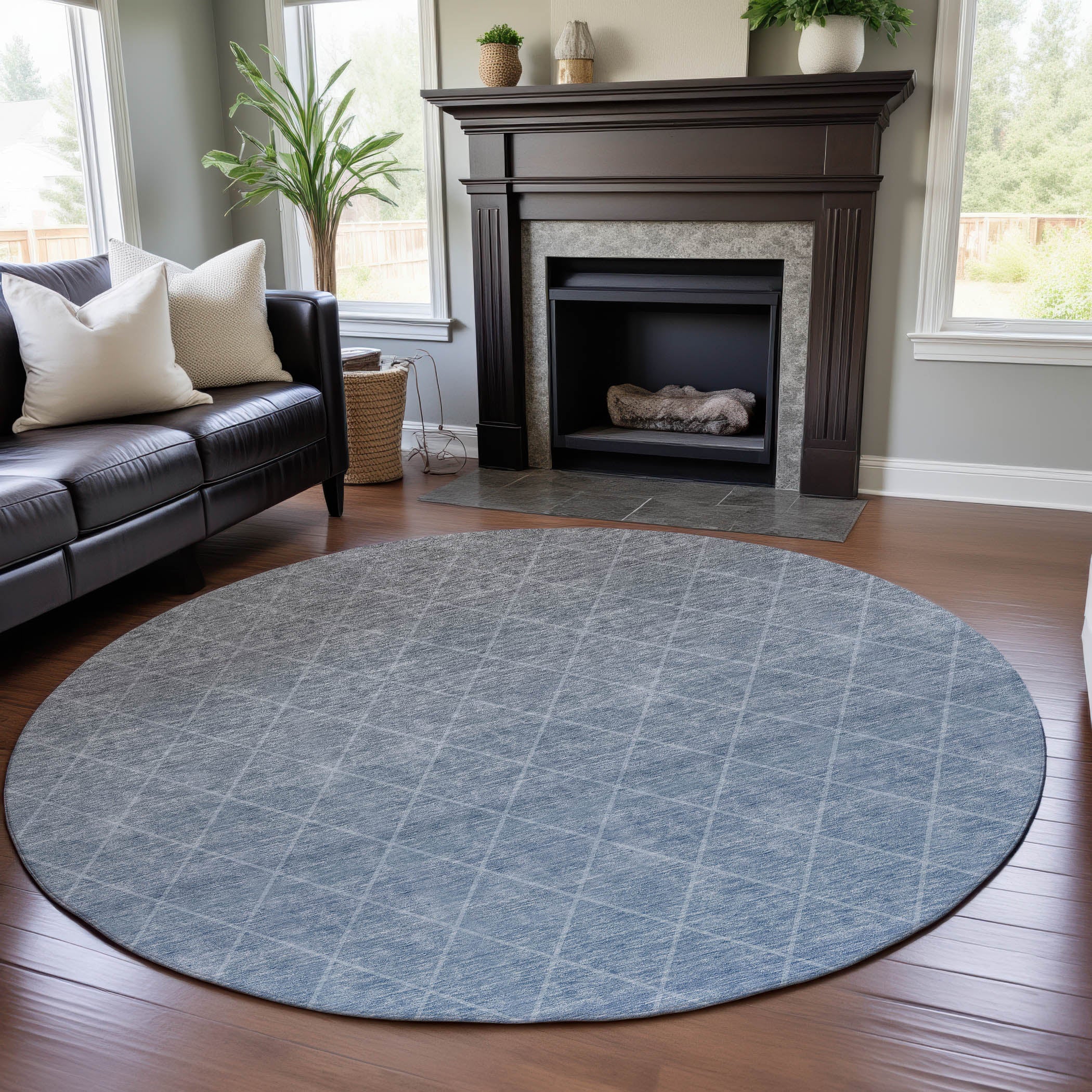 Oaxaca Machine Washable Transitional Blue Rug 8' x 8' #shape_Round