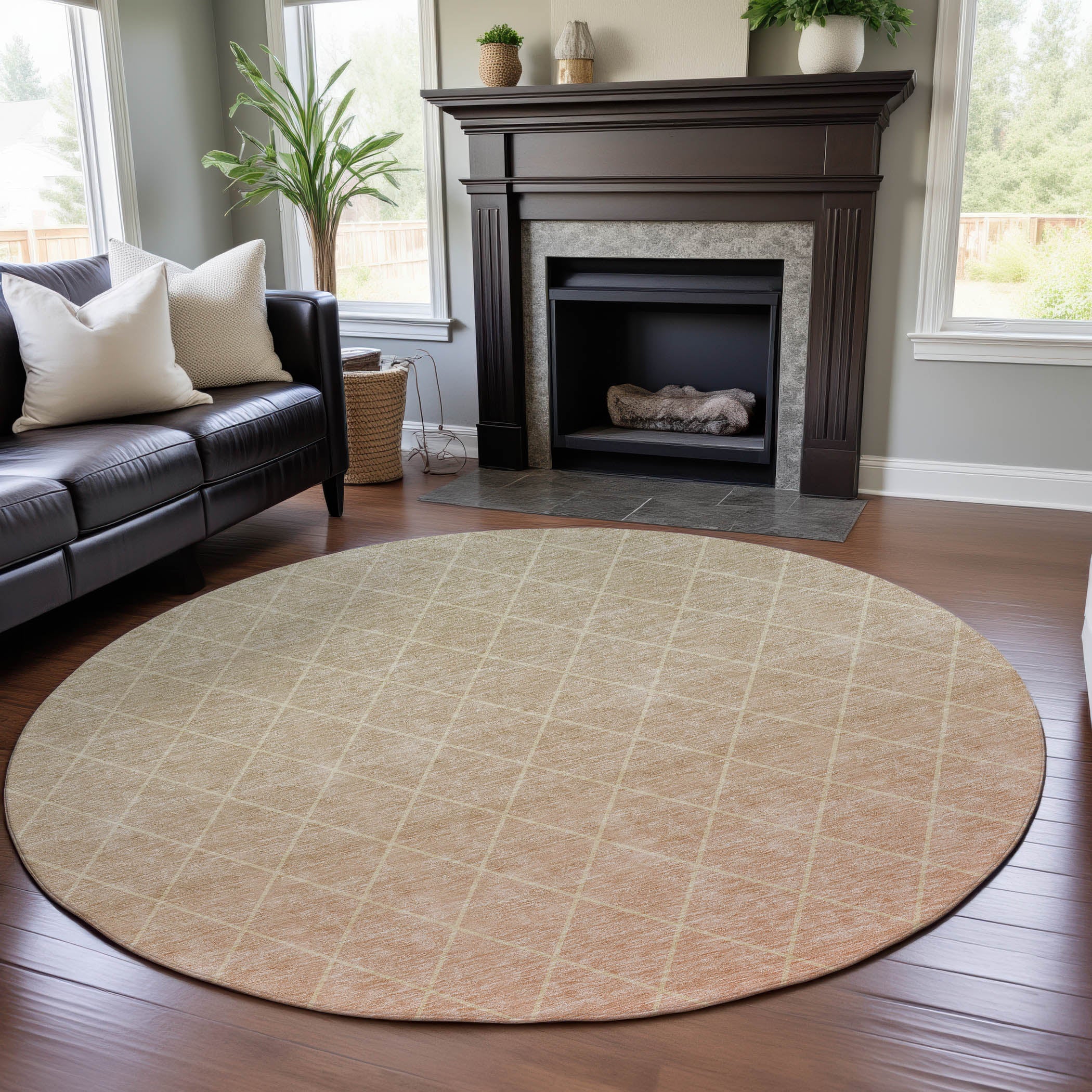 Oaxaca Machine Washable Transitional Salmon Orange Rug 8' x 8' #shape_Round