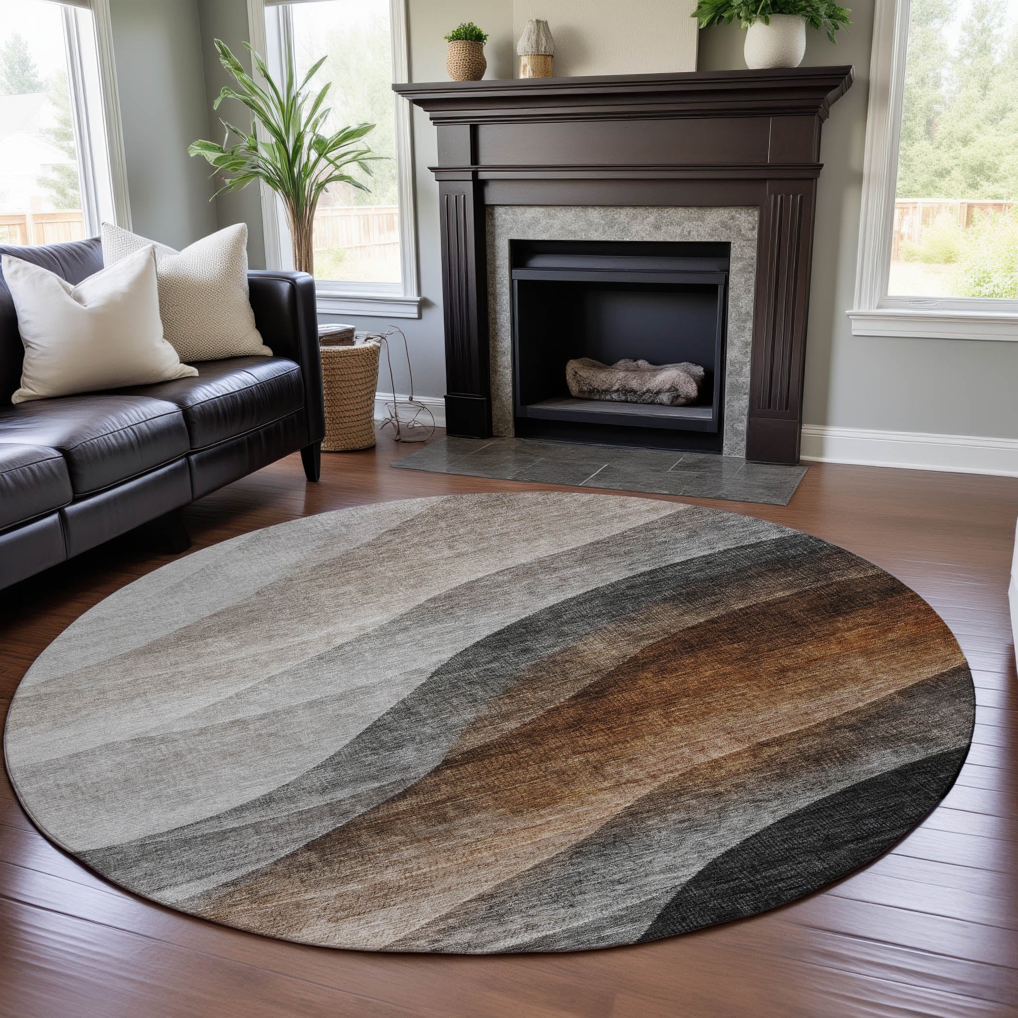 Bern Machine Washable Transitional Khaki Brown Rug 8' x 8' #shape_Round