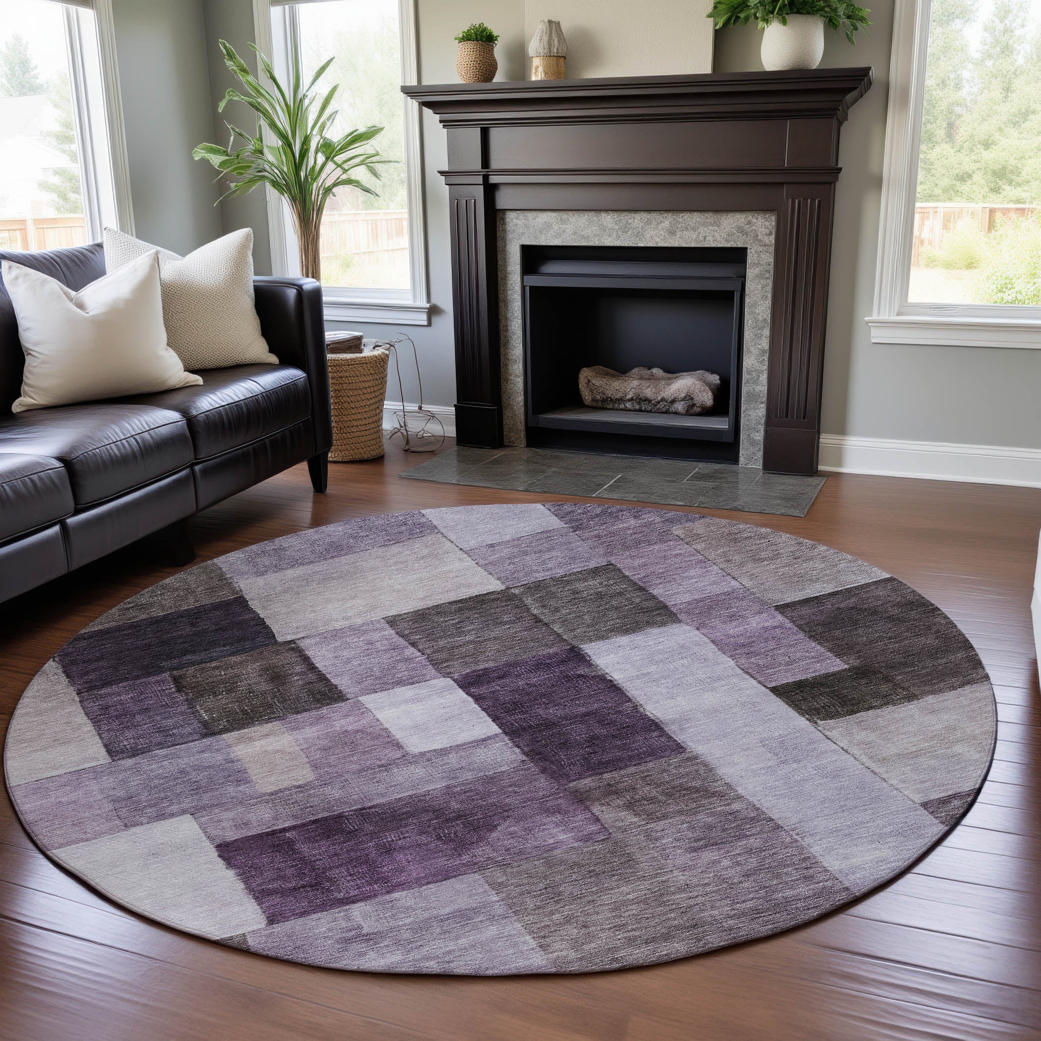 Prague Machine Washable Transitional Eggplant Purple Rug 8' x 8' #shape_Round