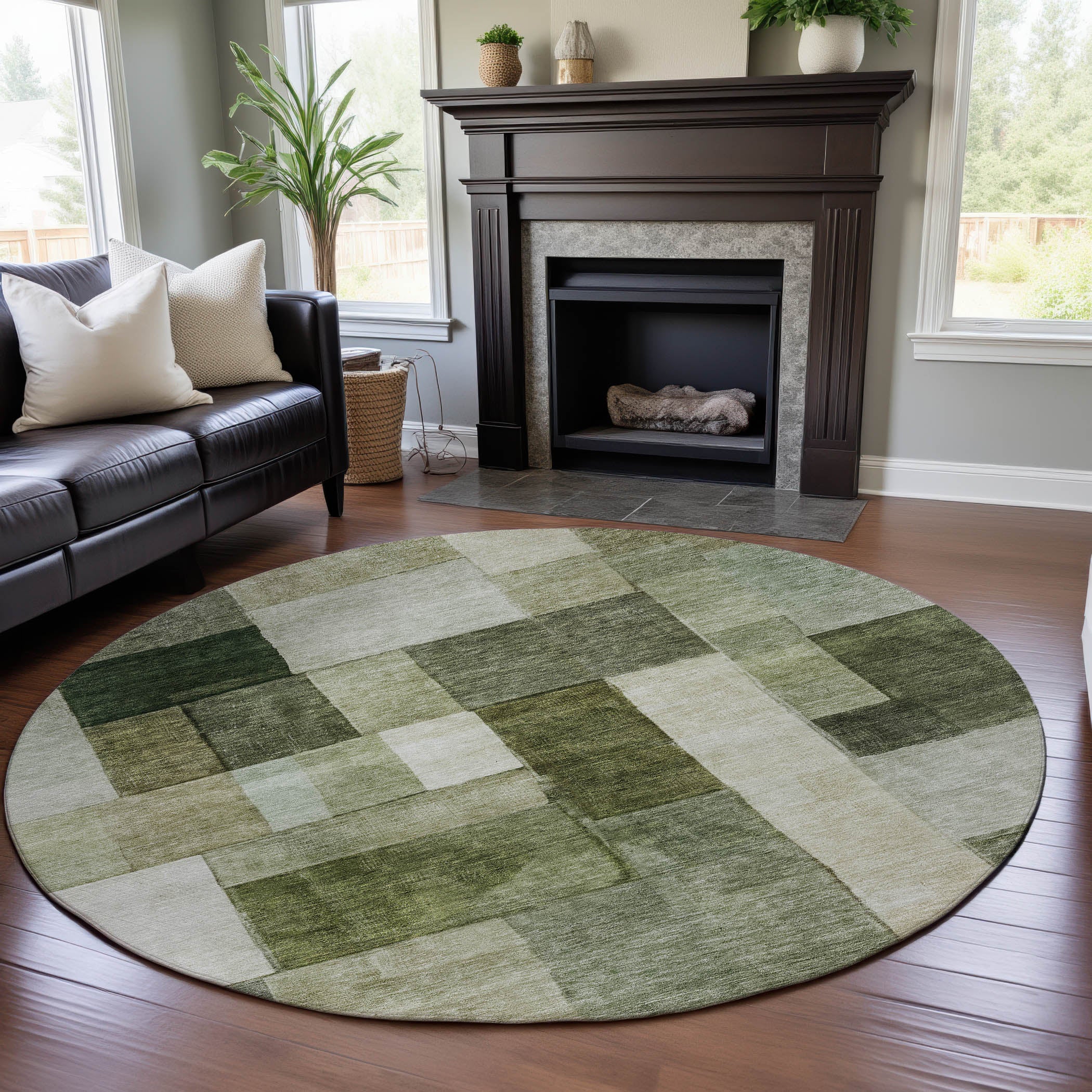 Prague Machine Washable Transitional Sage Green Rug 8' x 8' #shape_Round
