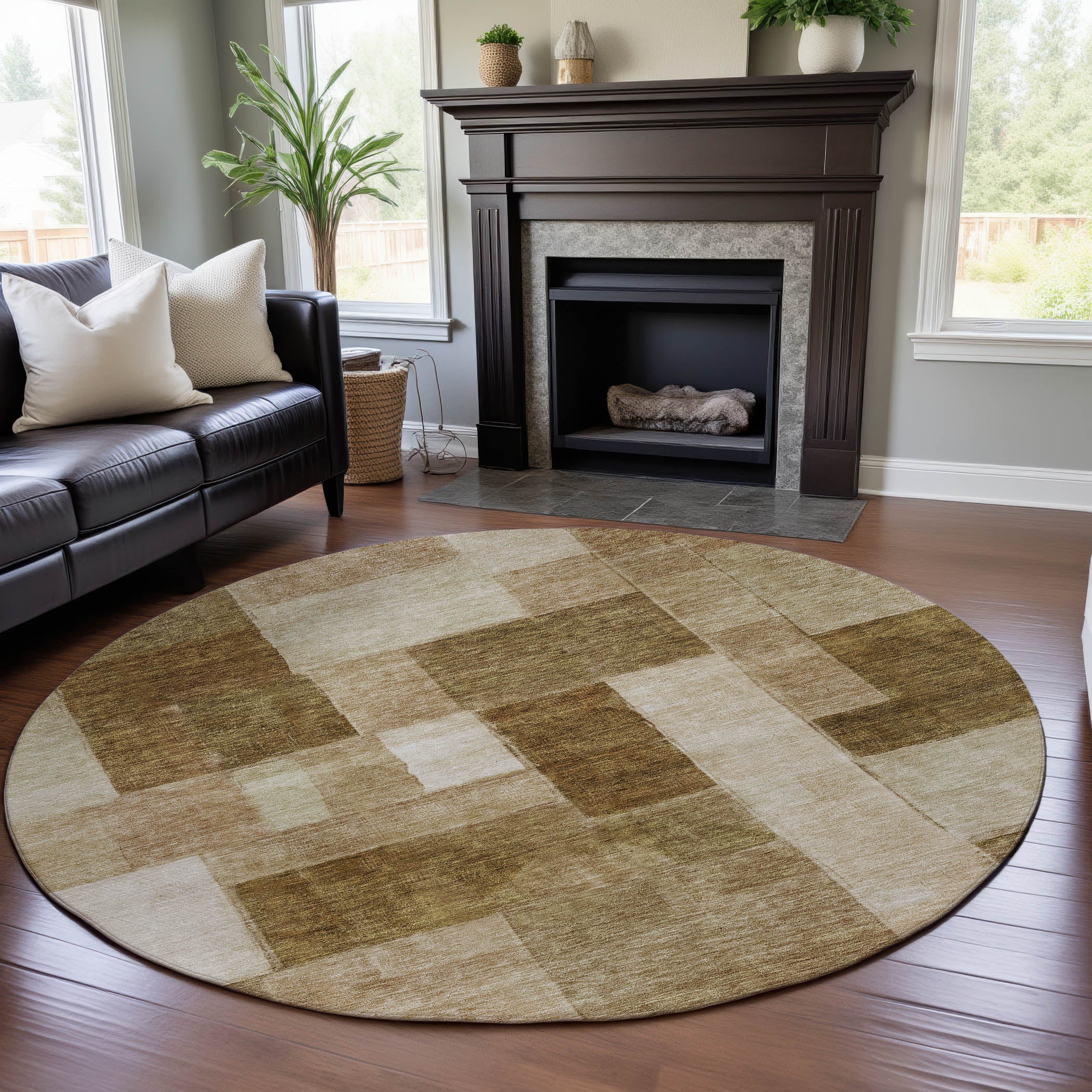 Prague Machine Washable Transitional Terracotta Orange Rug 8' x 8' #shape_Round
