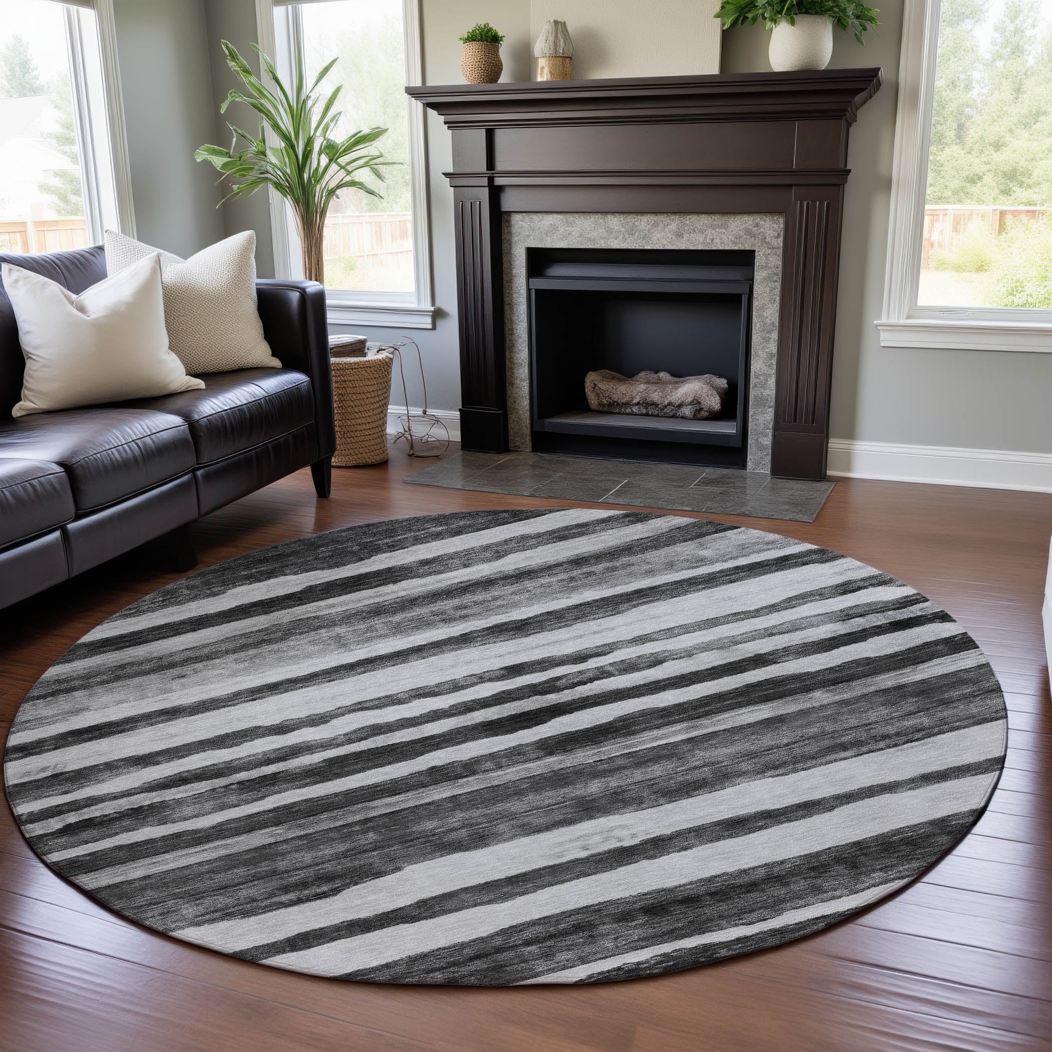 Santorini Machine Washable Transitional Charcoal Gray Rug 8' x 8' #shape_Round