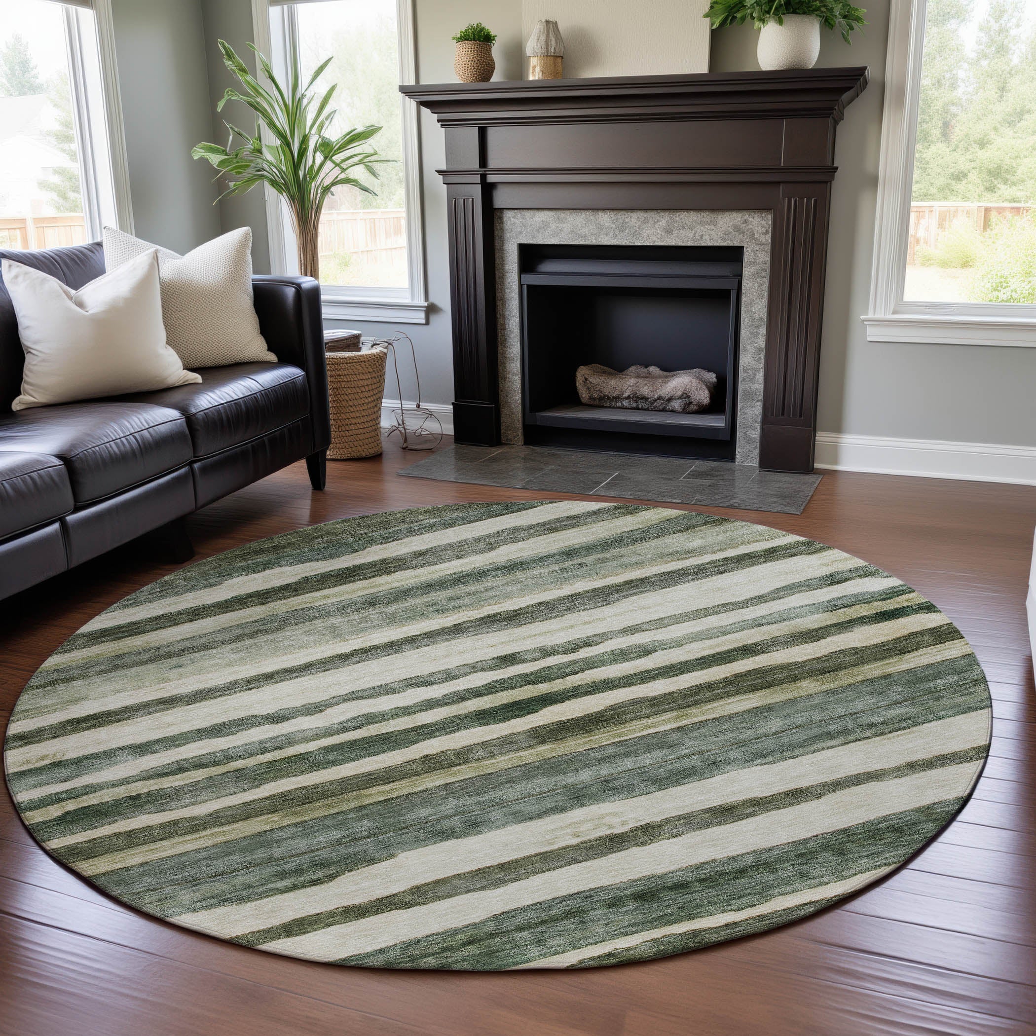 Santorini Machine Washable Transitional Sage Green Rug 8' x 8' #shape_Round