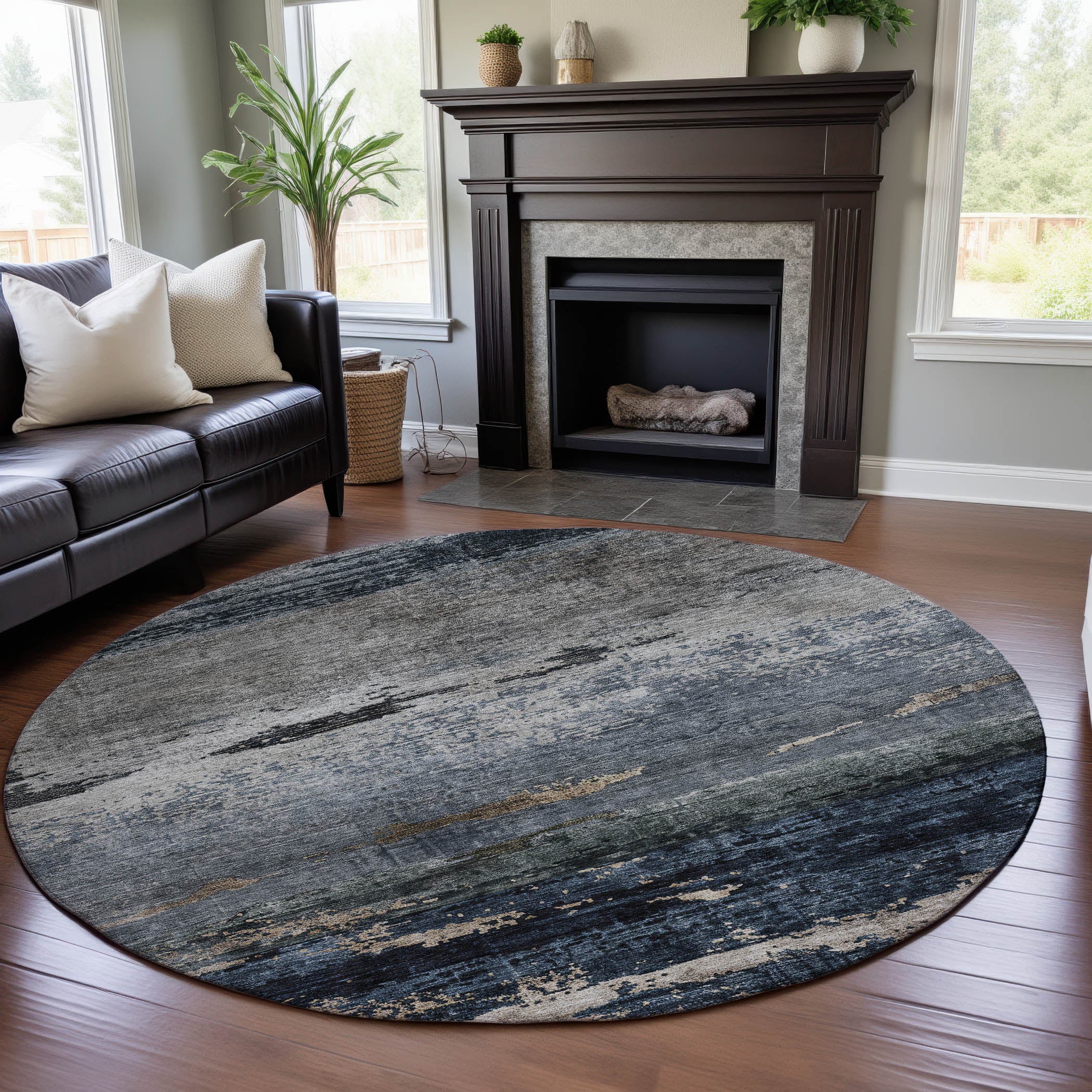 Reykjavik Machine Washable Transitional Navy Blue Rug 8' x 8' #shape_Round