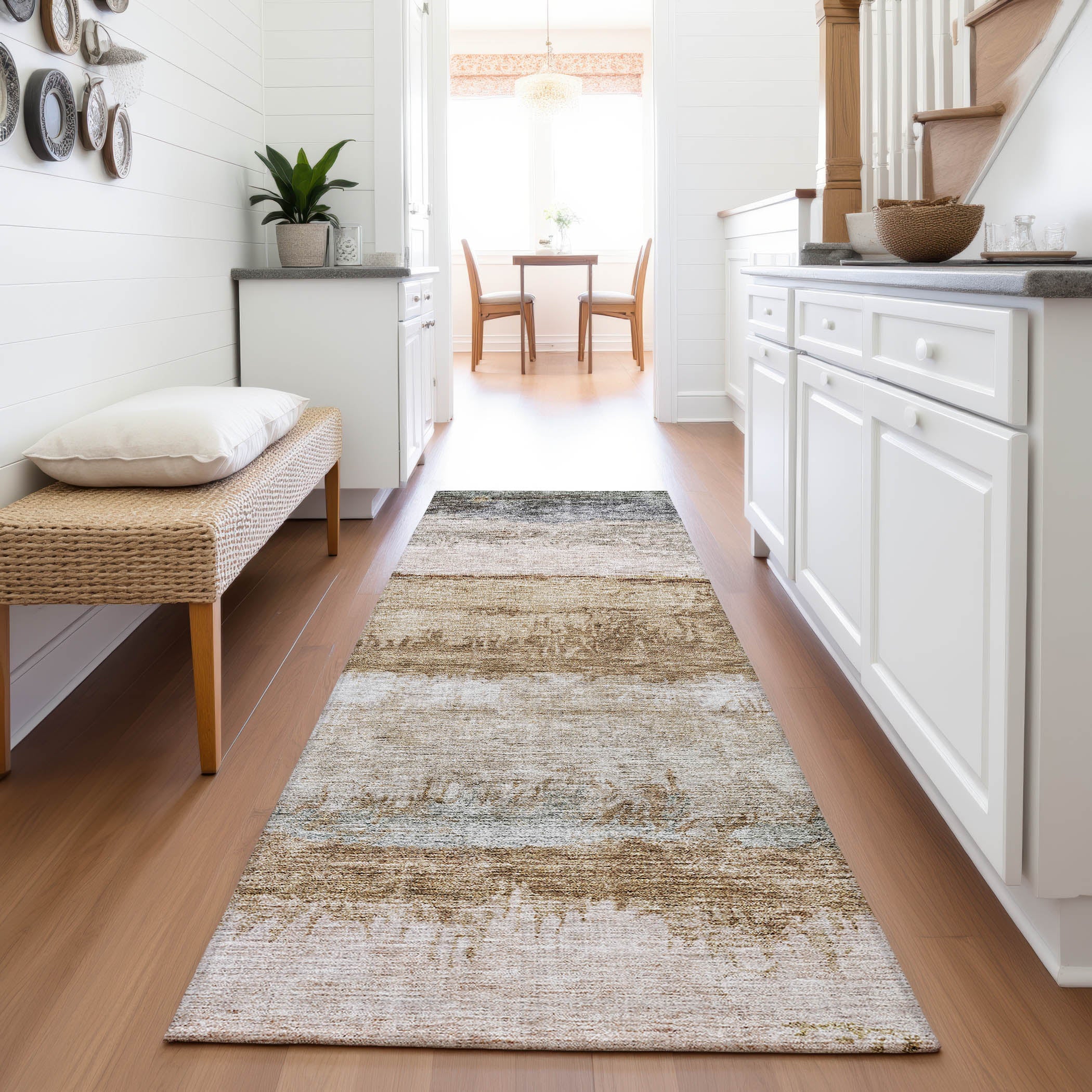 Santorini Machine Washable Transitional Beige Brown Rug 2'3" x 7'6" #shape_Runner