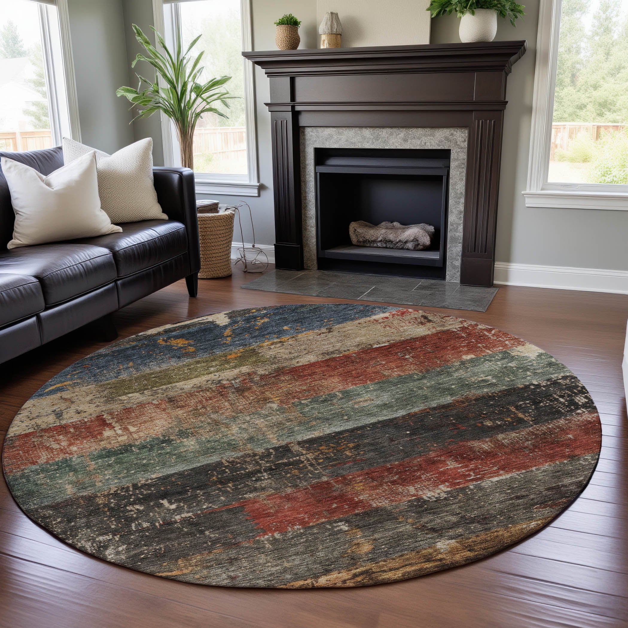 Lisbon Machine Washable Transitional Fern Green Rug 8' x 8' #shape_Round