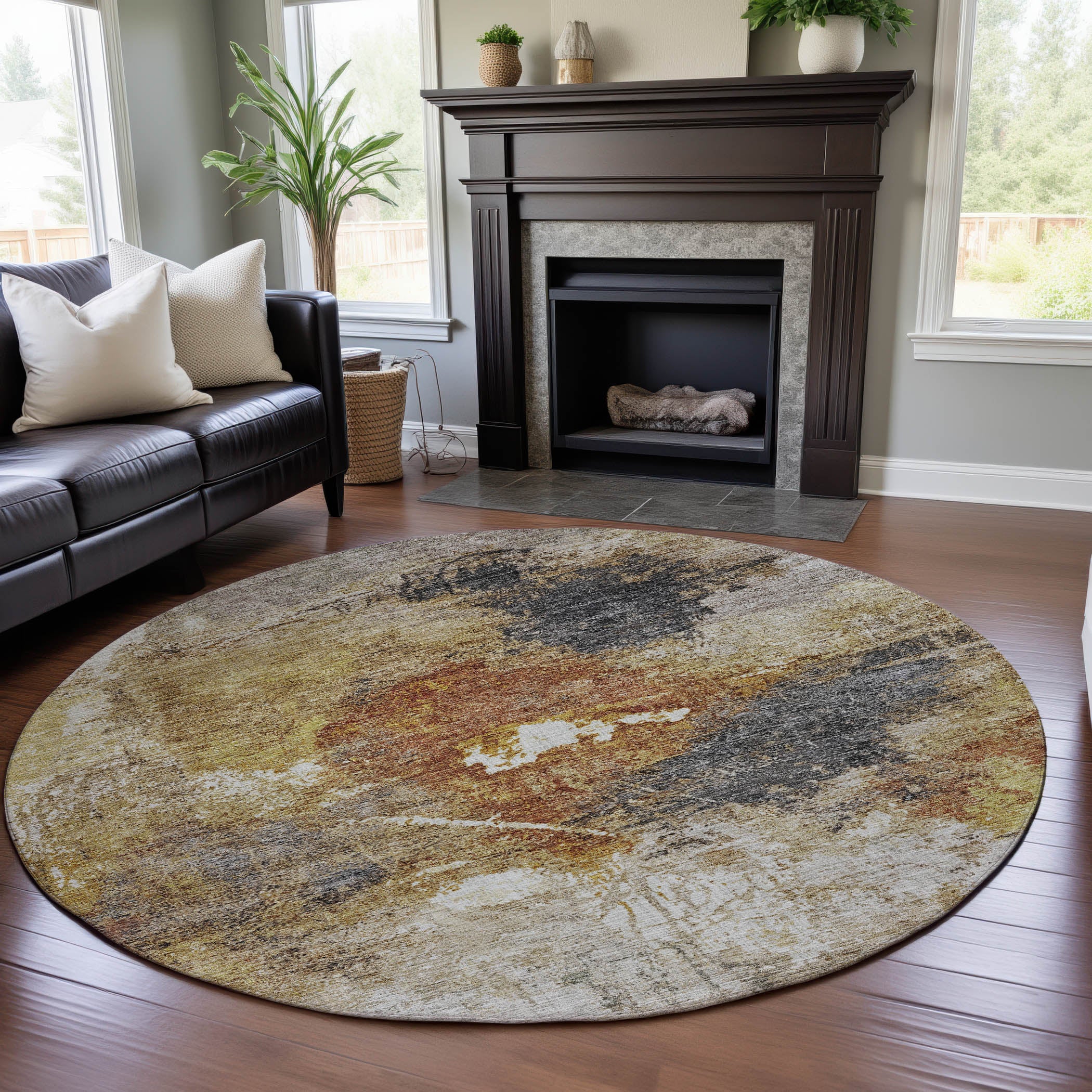 Tbilisi Machine Washable Transitional Taupe Brown Rug 8' x 8' #shape_Round