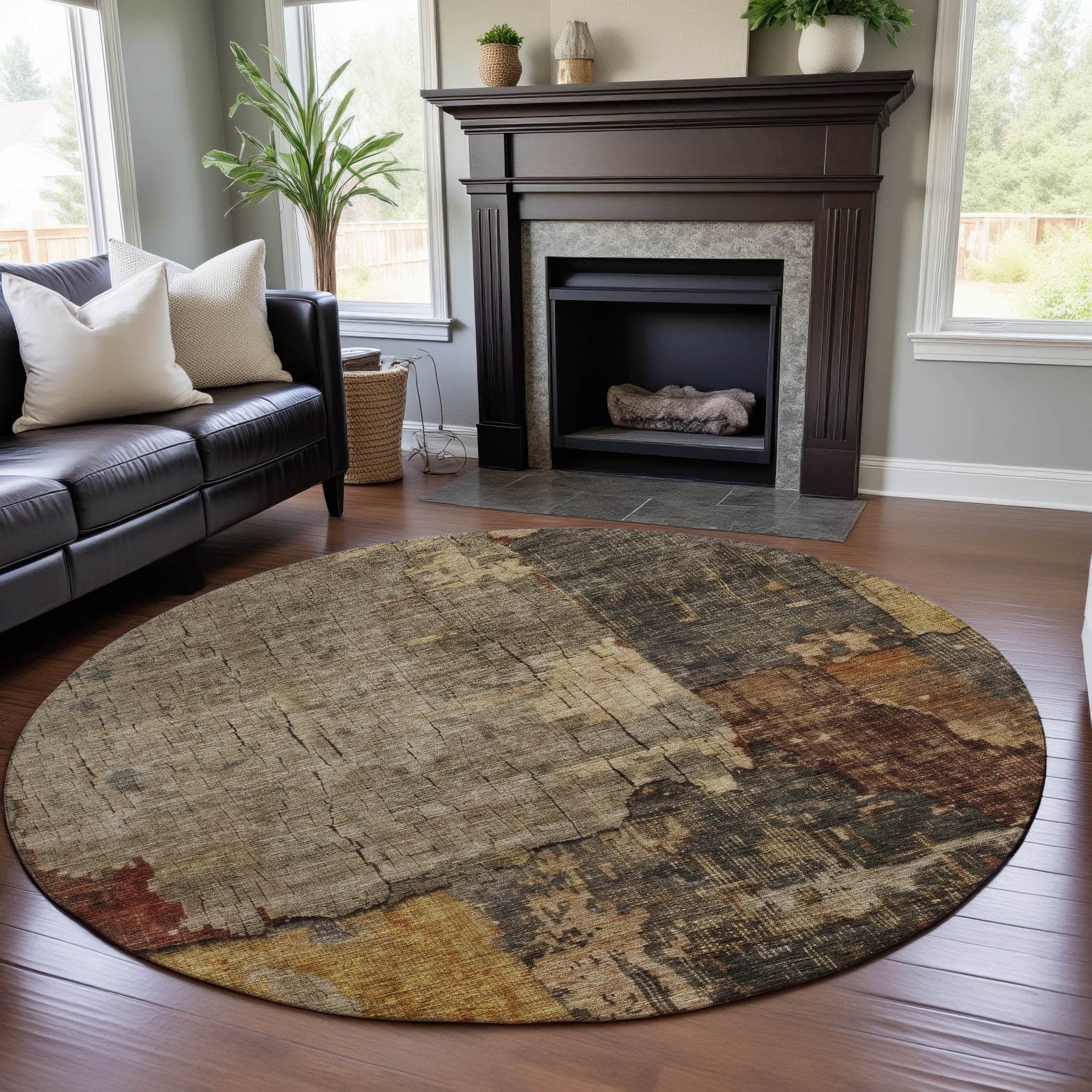 Kathmandu Machine Washable Transitional Khaki Brown Rug 8' x 8' #shape_Round