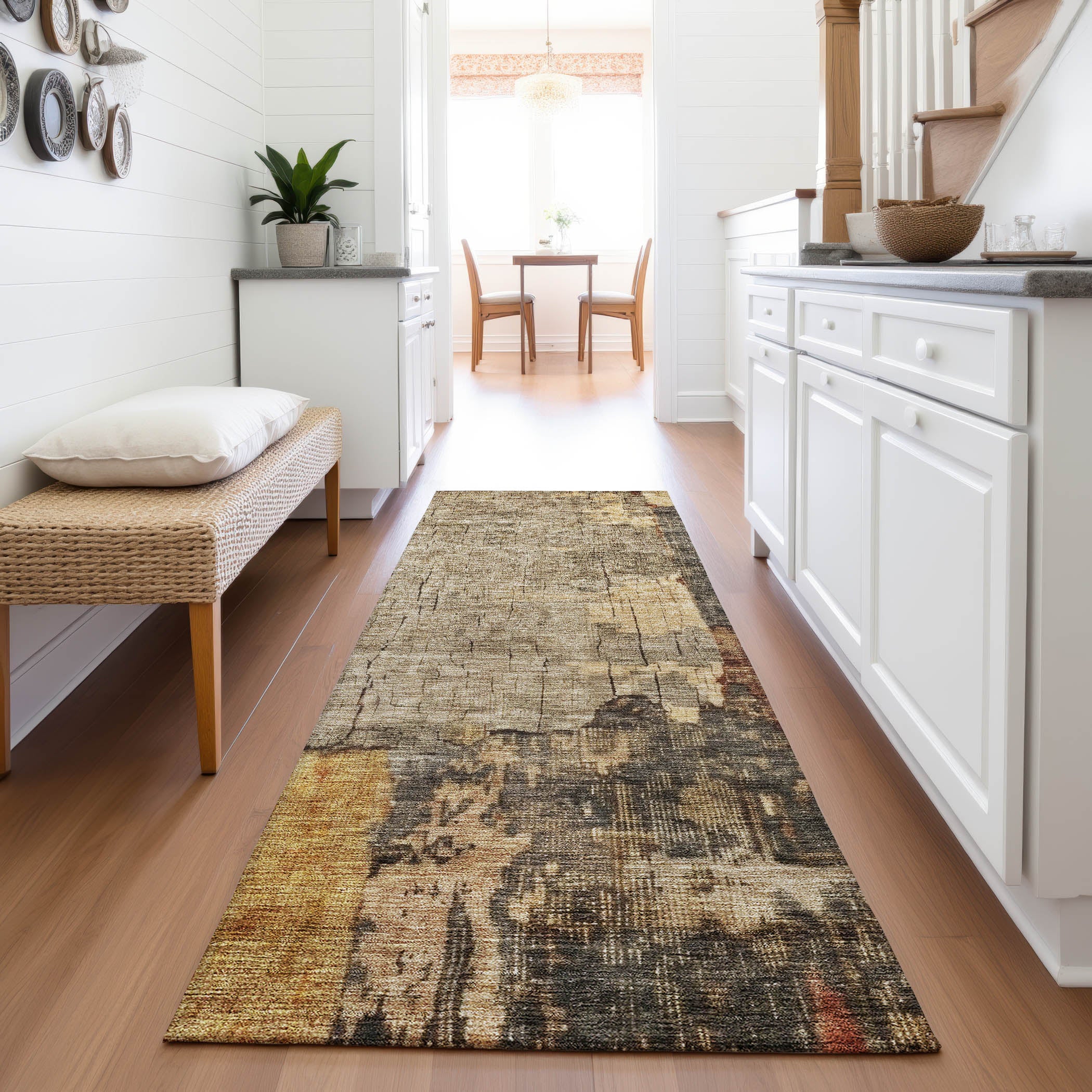 Kathmandu Machine Washable Transitional Khaki Brown Rug 2'3" x 7'6" #shape_Runner