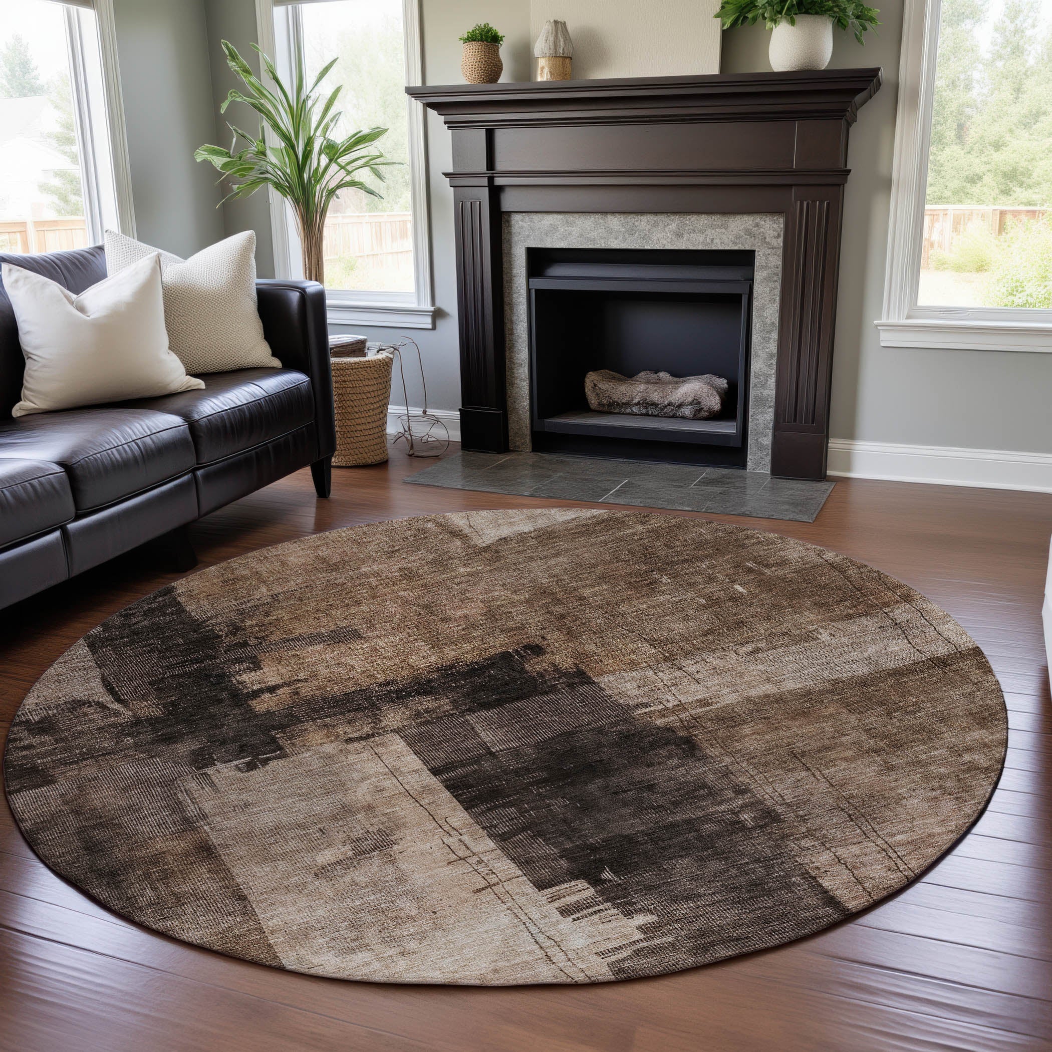 Hoi An Machine Washable Transitional Brown Rug 8' x 8' #shape_Round