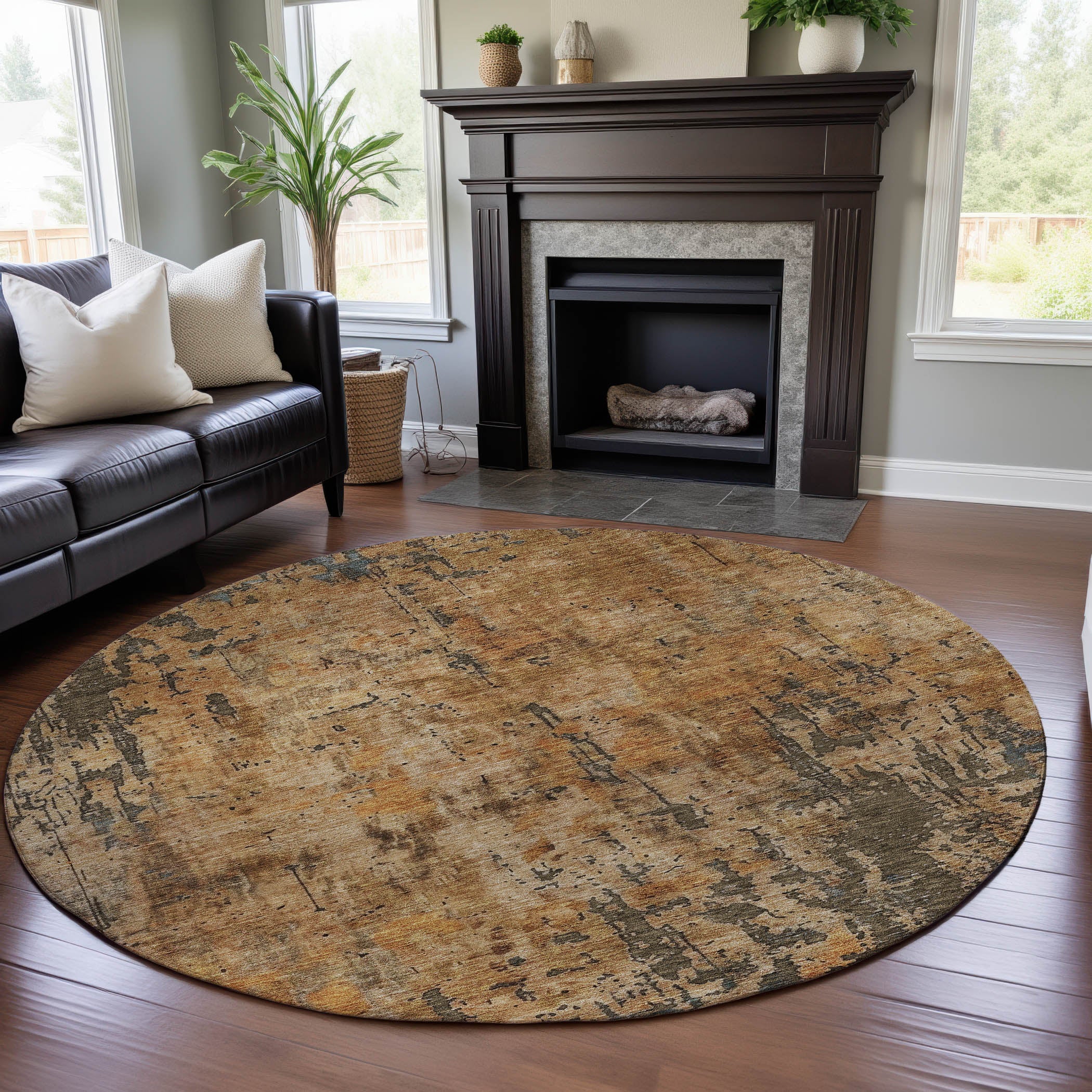 Sintra Machine Washable Transitional Copper Orange Rug 8' x 8' #shape_Round