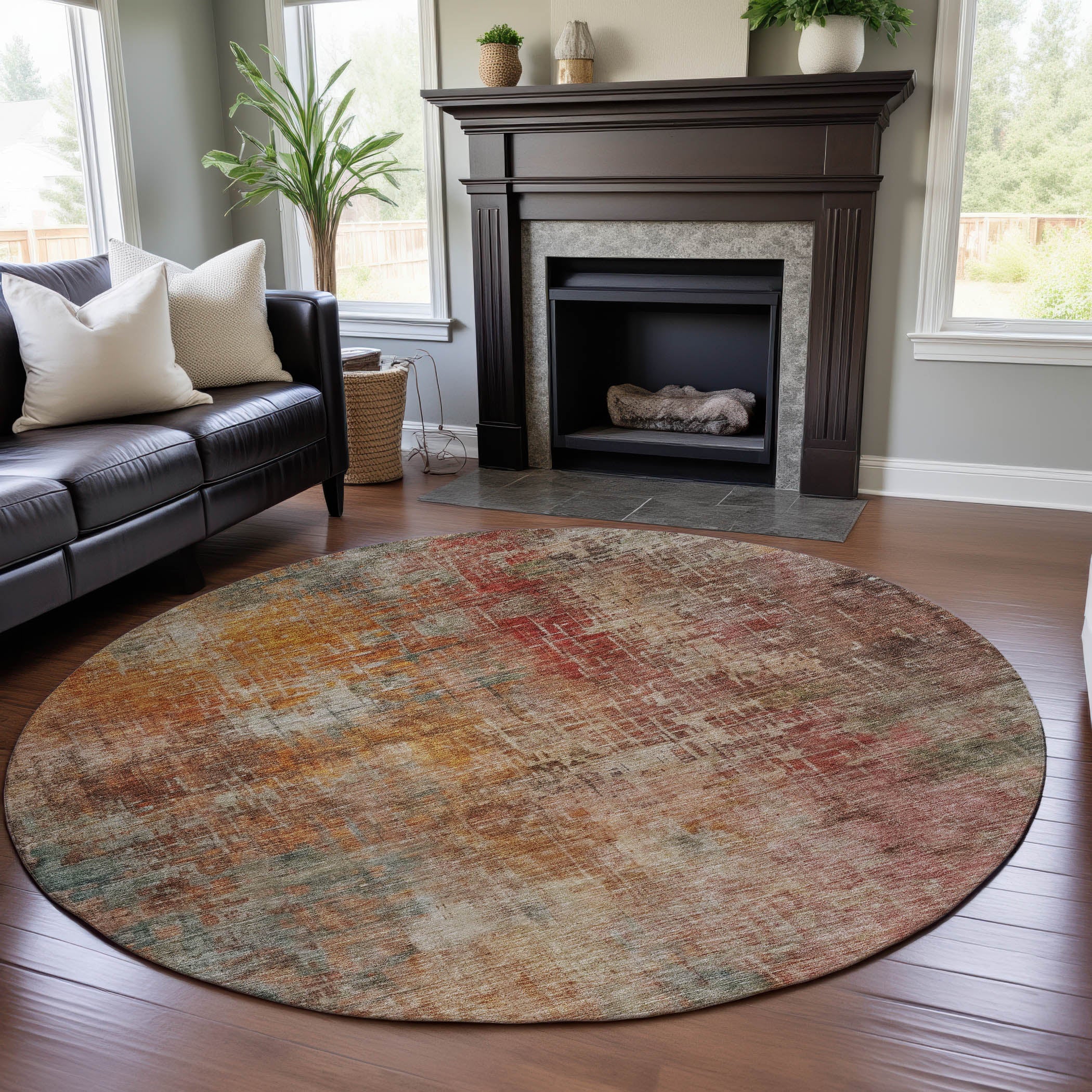 Seoul Machine Washable Transitional Tan Brown Rug 8' x 8' #shape_Round