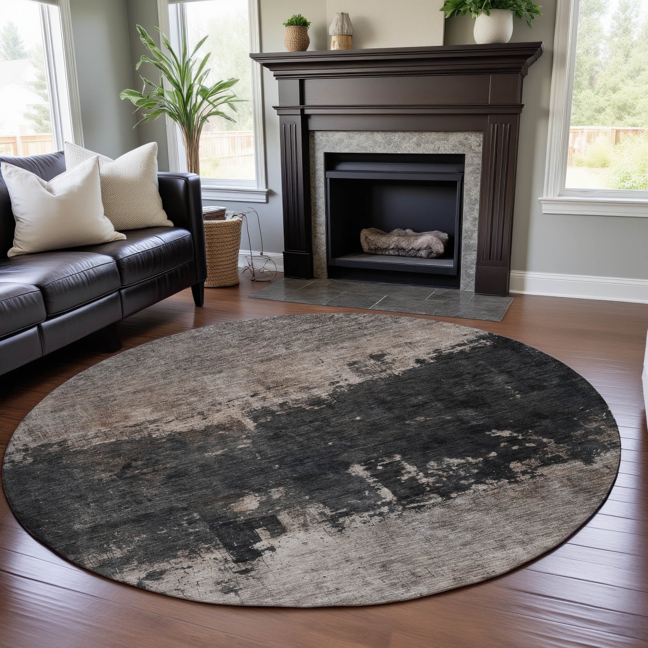 Reykjavik Machine Washable Transitional Taupe Brown Rug 8' x 8' #shape_Round