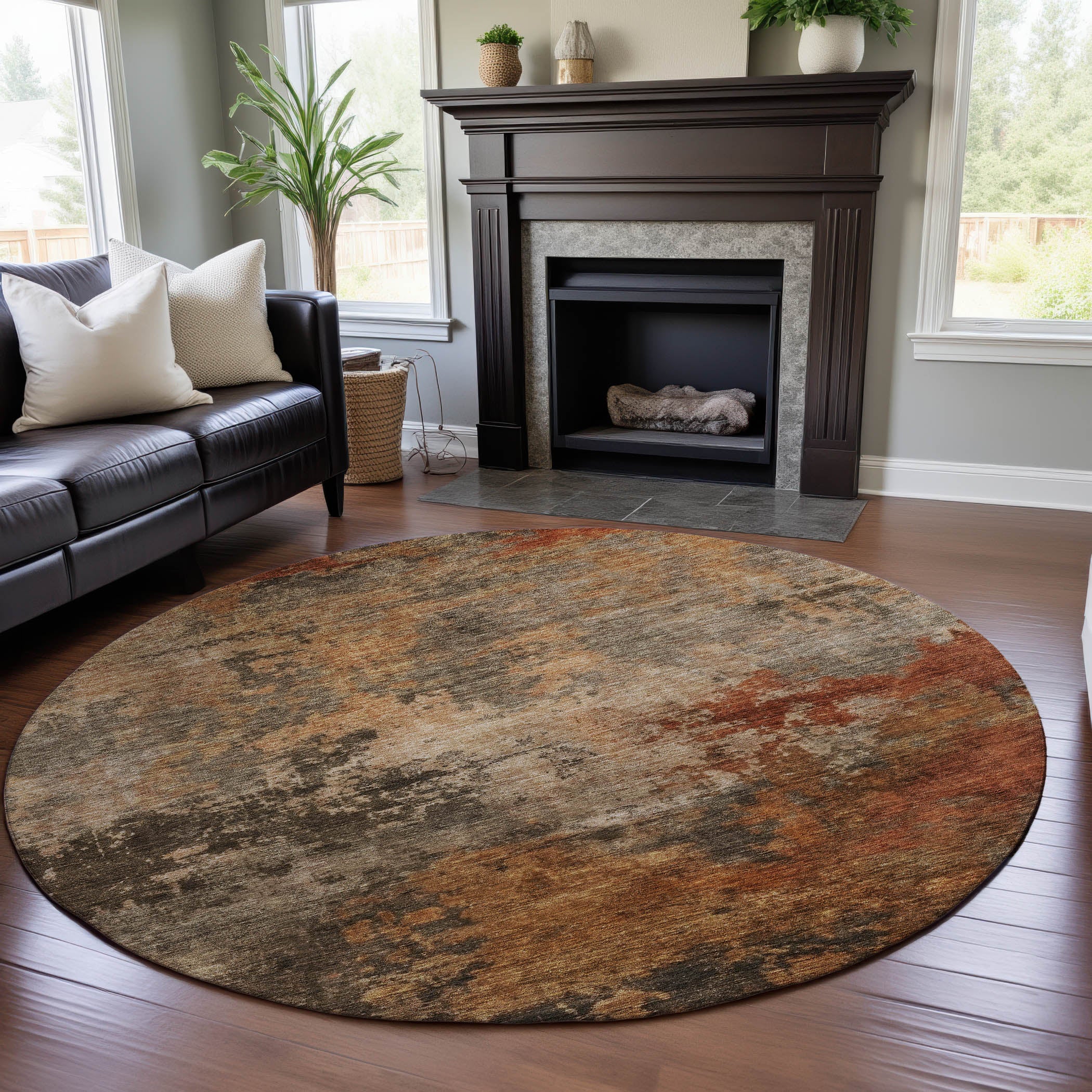 Queenstown Machine Washable Transitional Khaki Brown Rug 8' x 8' #shape_Round