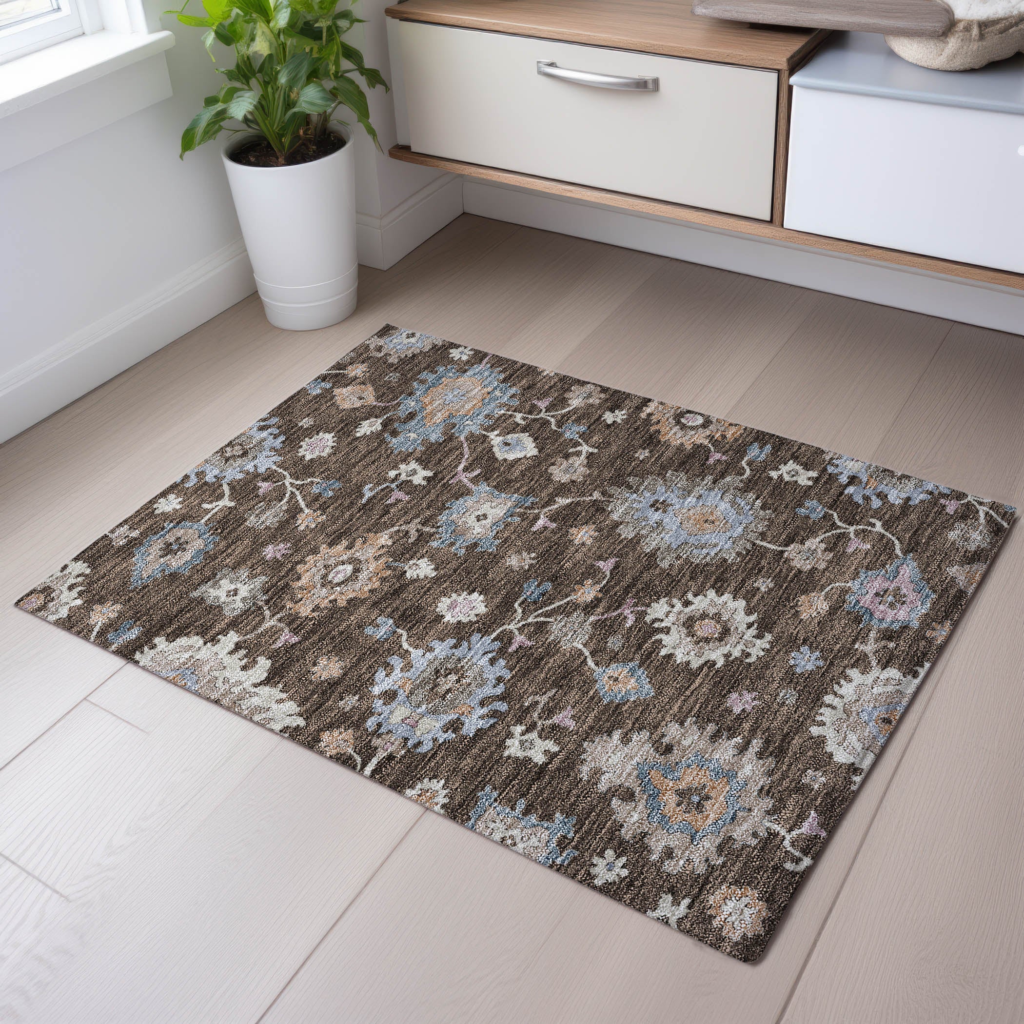 Lisbon Machine Washable Transitional Chocolate Brown Rug 1'8" x 2'6" #shape_Rectangle