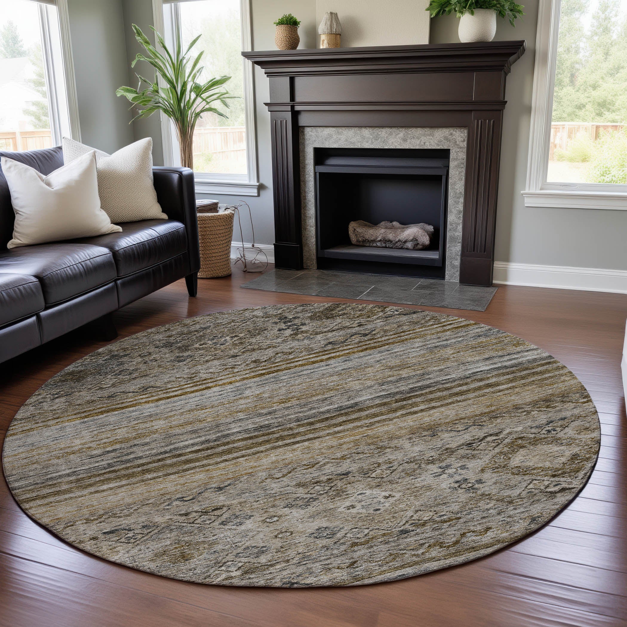Marrakech Machine Washable Transitional Brown Rug 8' x 8' #shape_Round