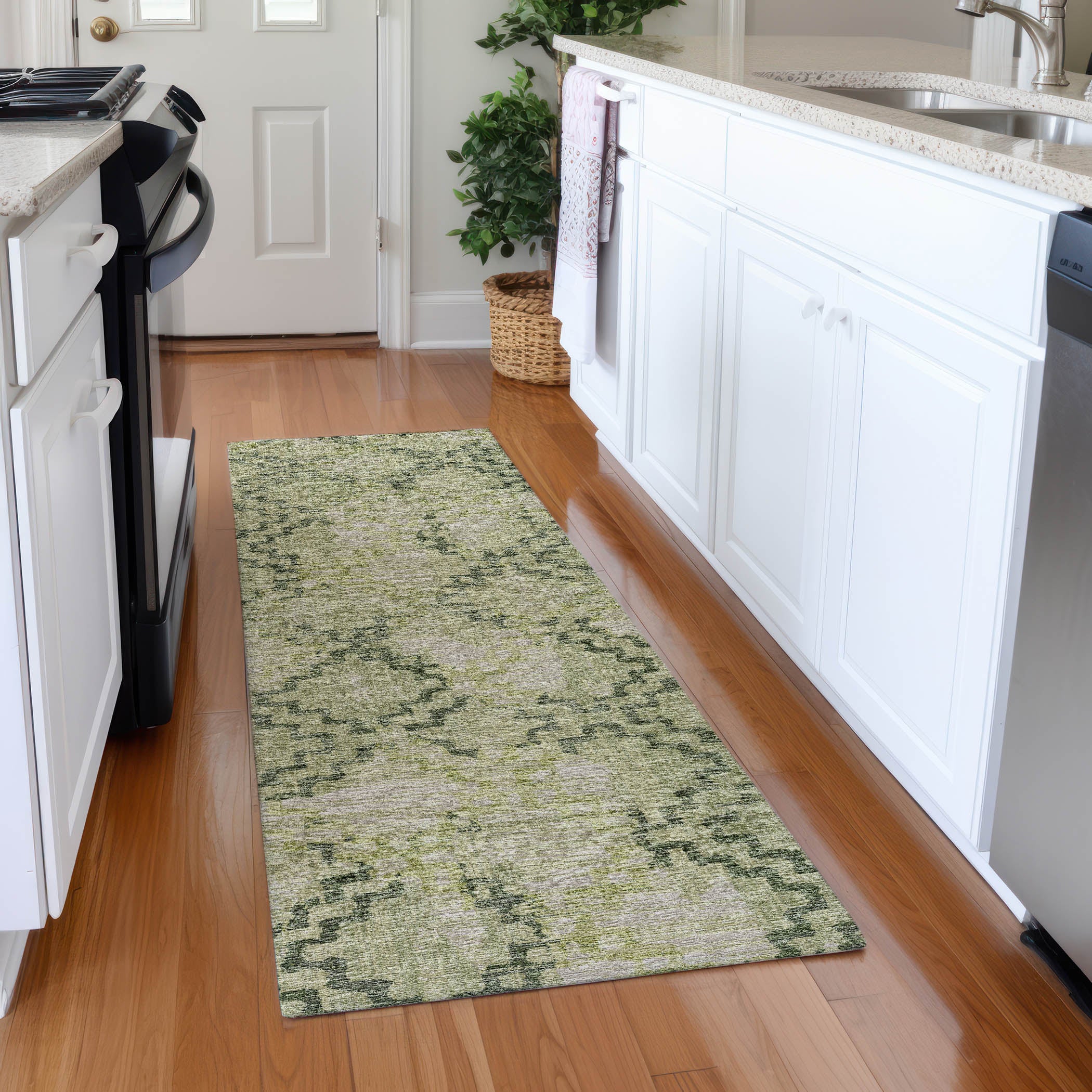 Hoi An Machine Washable Transitional Green Rug 2'3" x 7'6" #shape_Runner