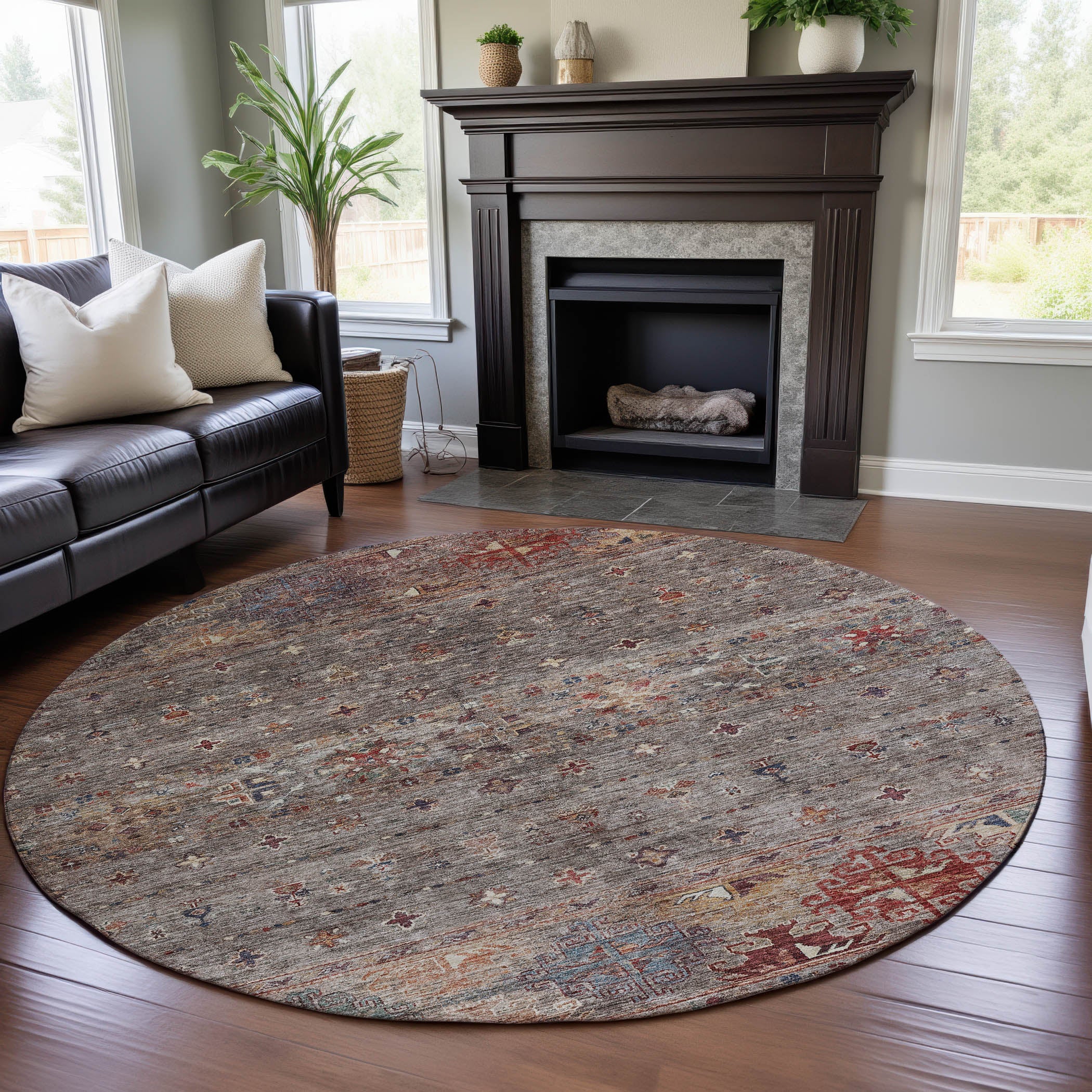 Seoul Machine Washable Transitional Gray Rug 8' x 8' #shape_Round