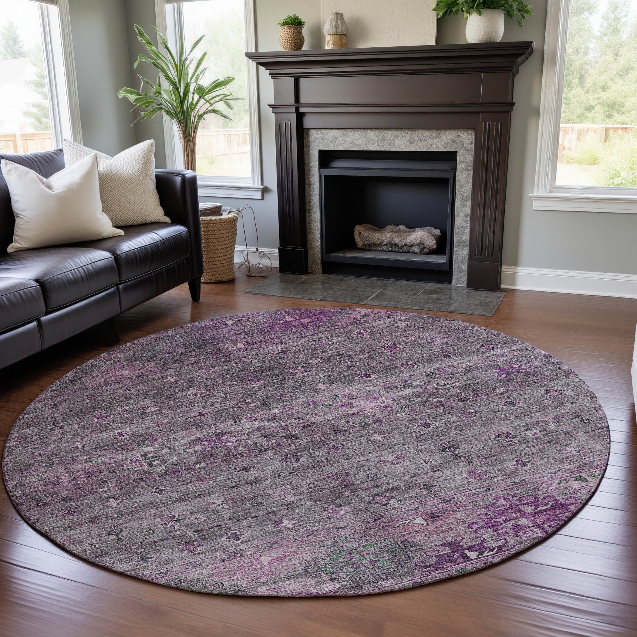Seoul Machine Washable Transitional Purple Rug 8' x 8' #shape_Round