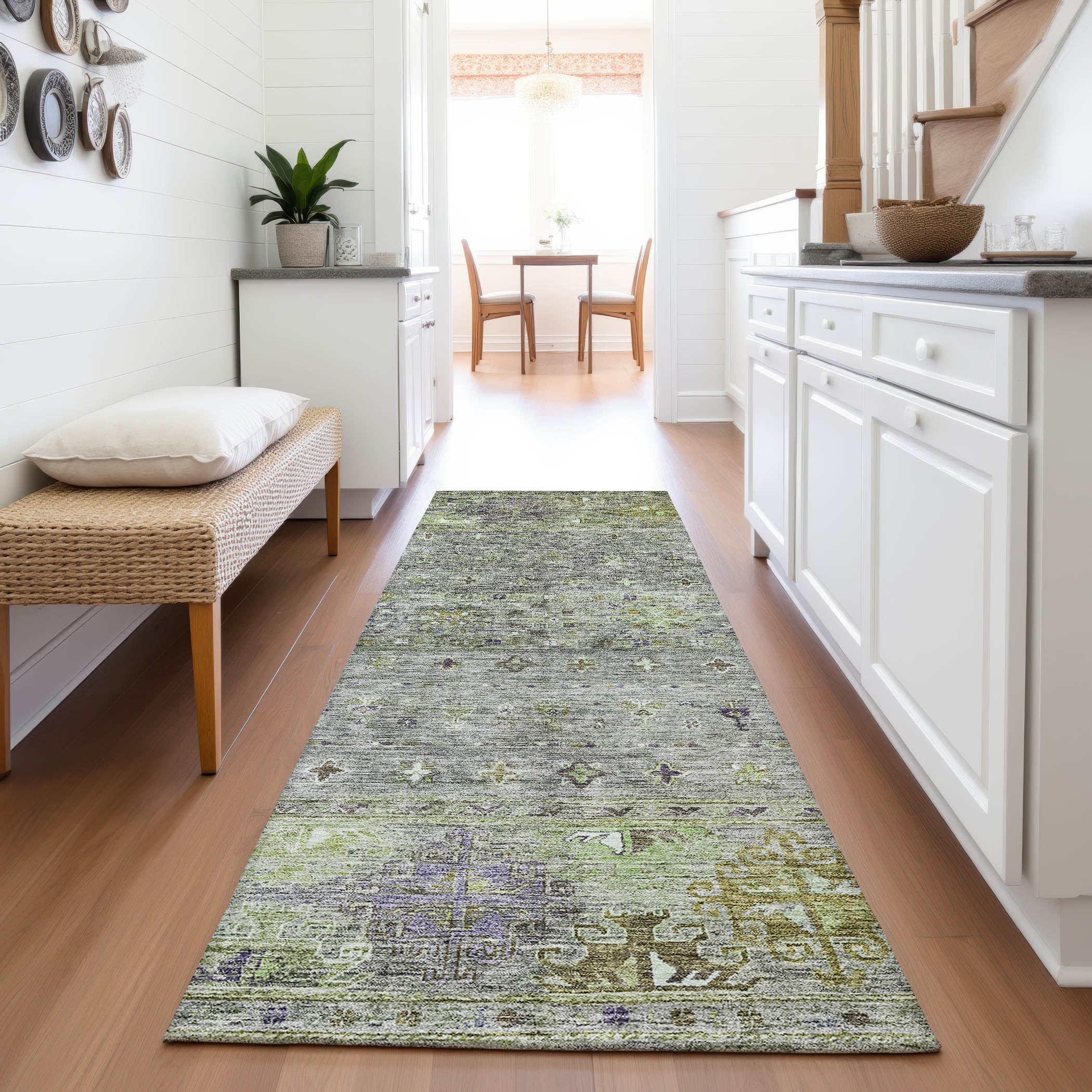 Seoul Machine Washable Transitional Sage Green Rug 2'3" x 7'6" #shape_Runner