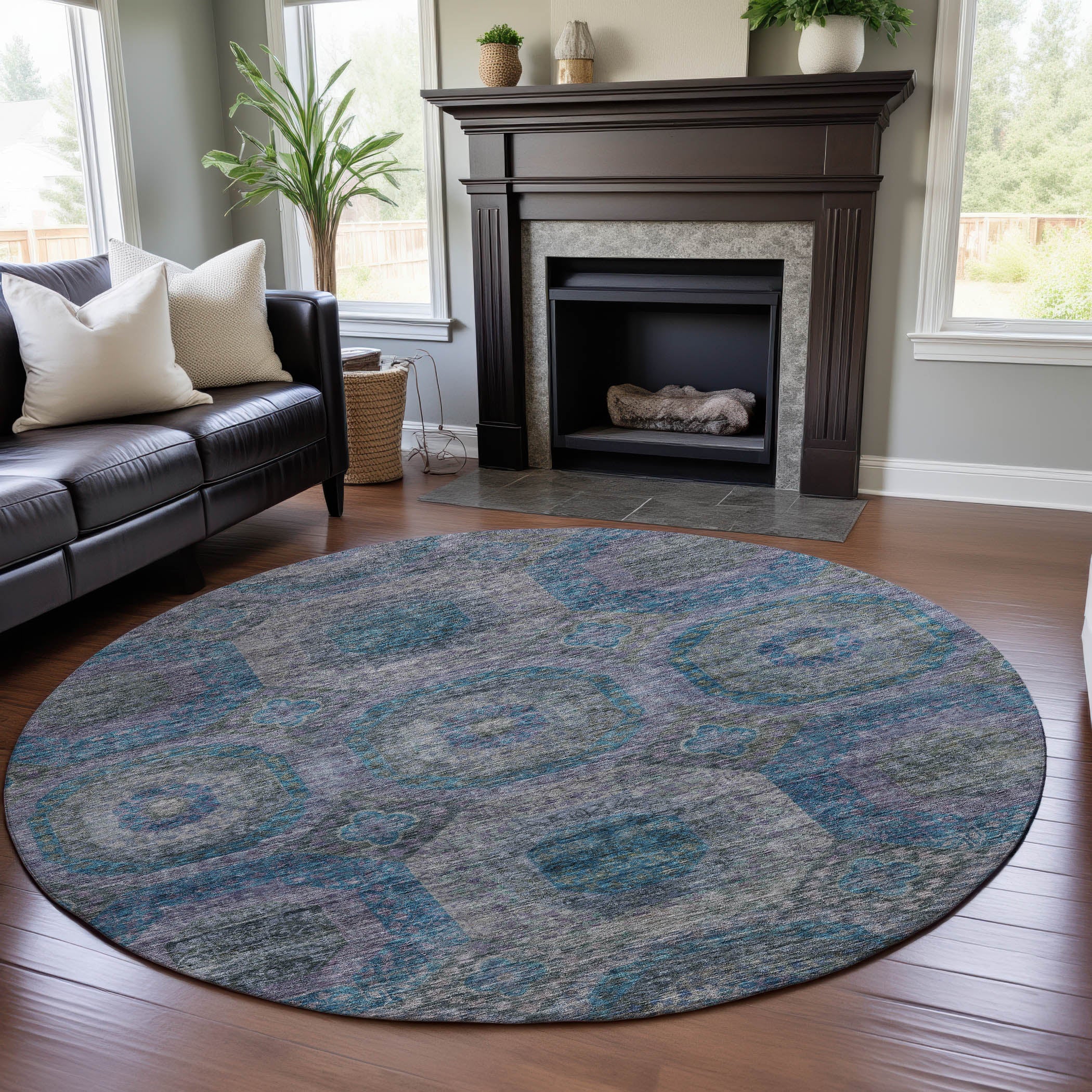 Siena Machine Washable Transitional Blue Rug 8' x 8' #shape_Round