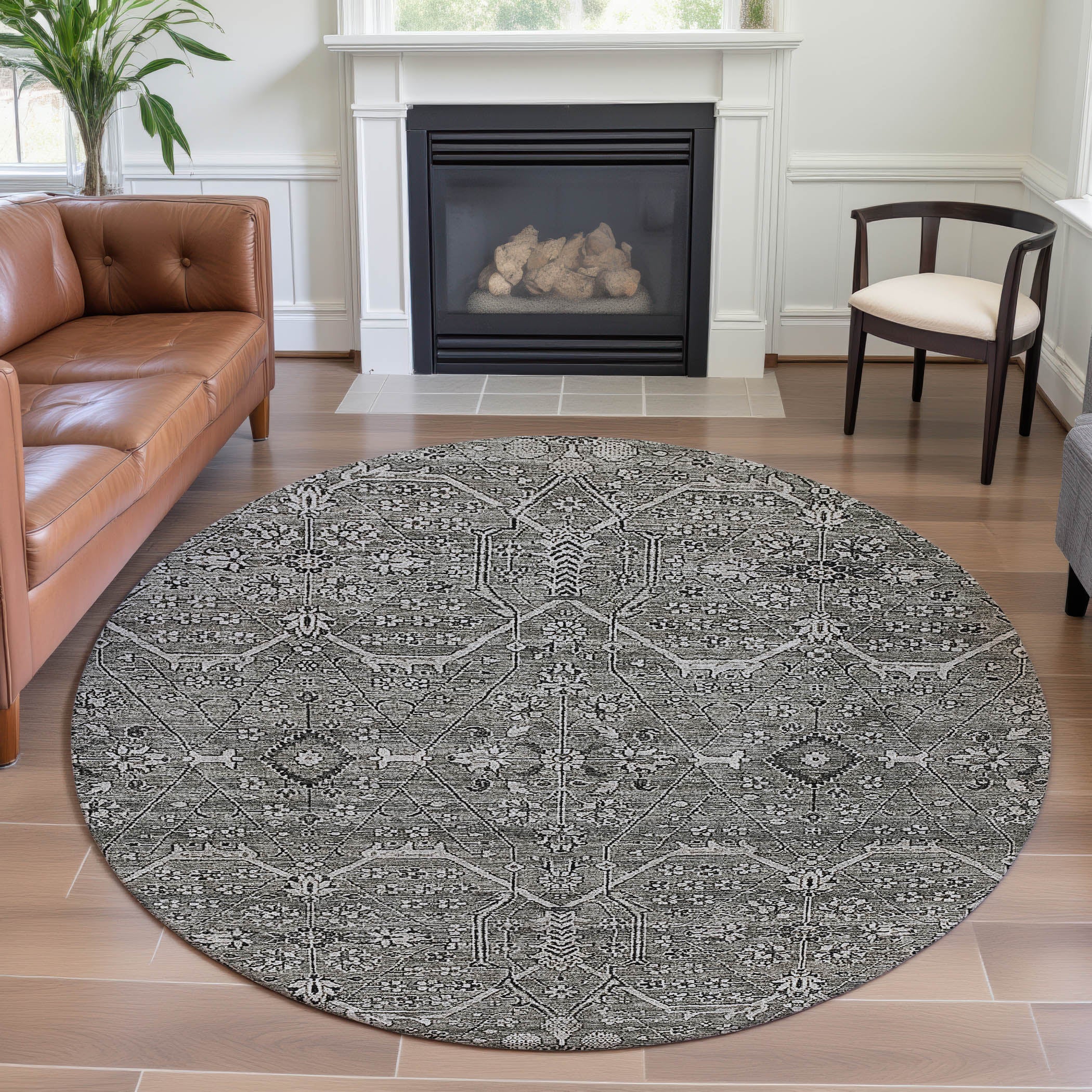 Reykjavik Machine Washable Traditional Pewter Gray Rug 8' x 8' #shape_Round