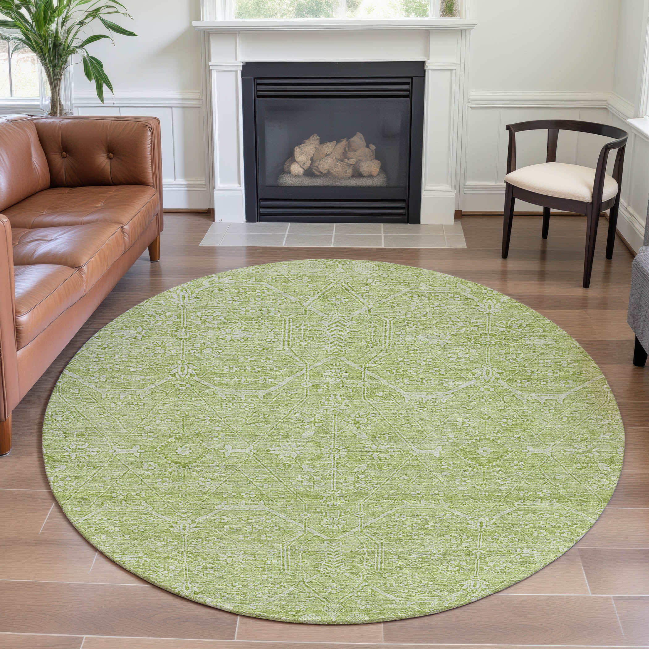 Kotor Machine Washable Traditional Mint Green Rug 8' x 8' #shape_Round