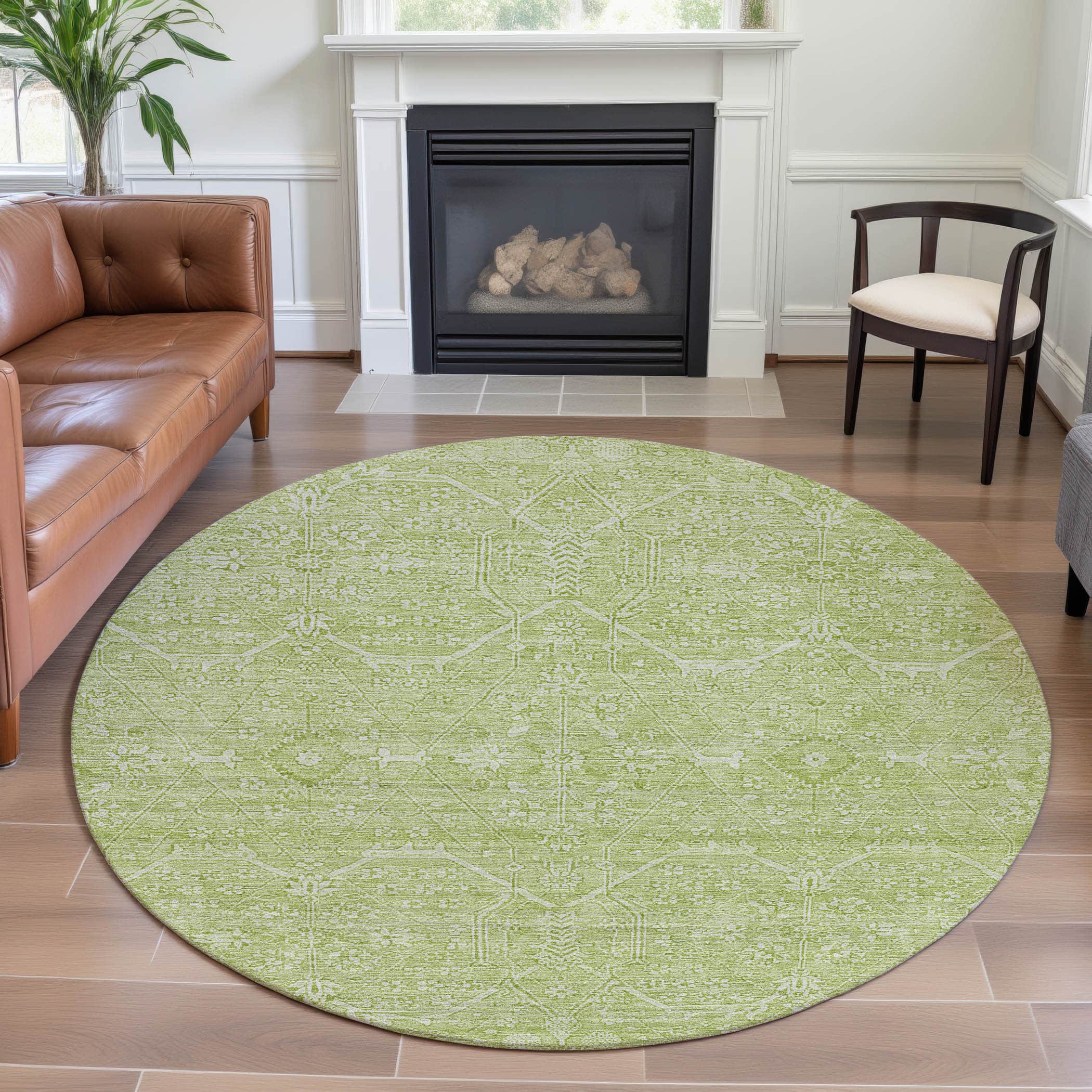 Kotor Machine Washable Traditional Mint Green Rug 8' x 8' #shape_Round