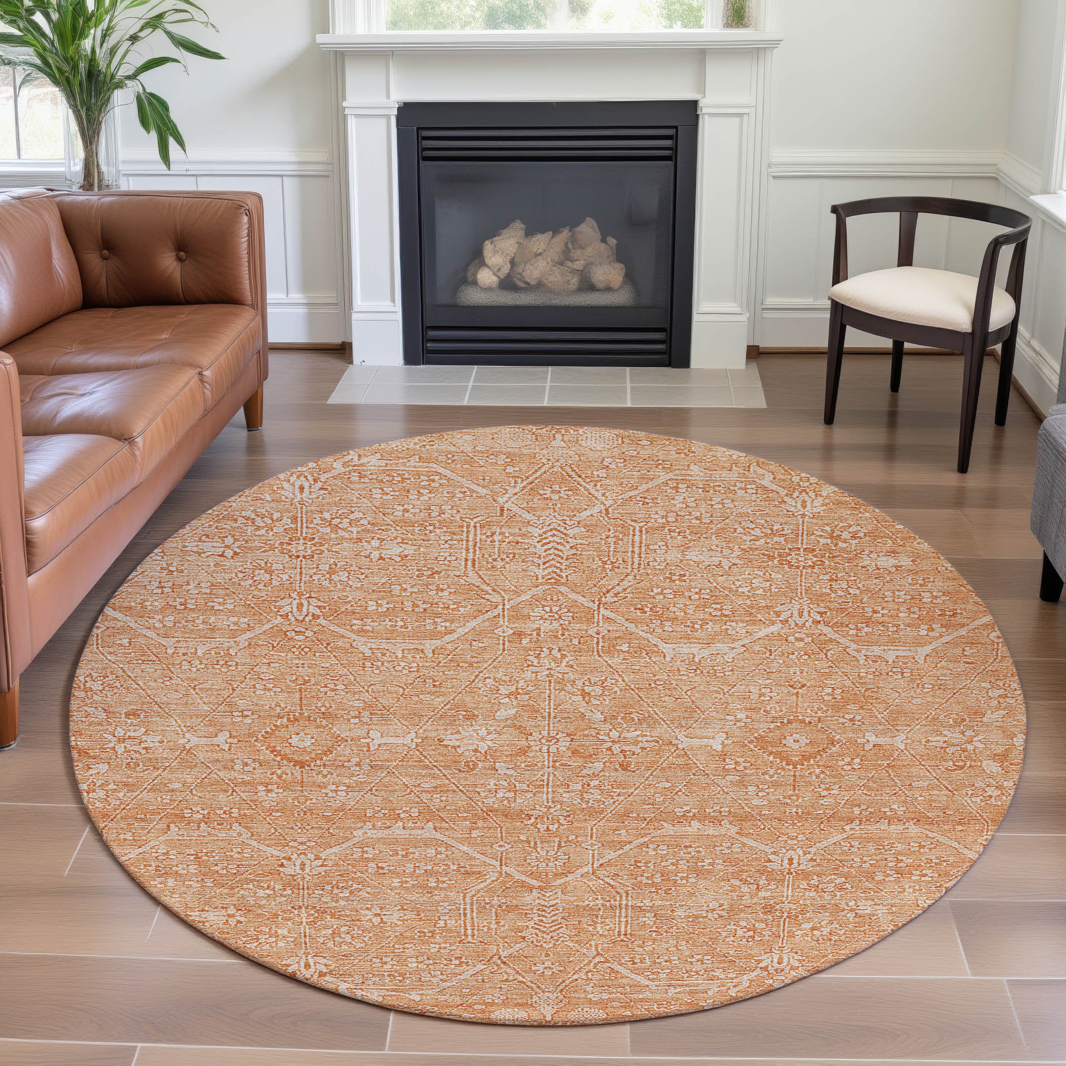 Kotor Machine Washable Traditional Salmon Orange Rug 8' x 8' #shape_Round