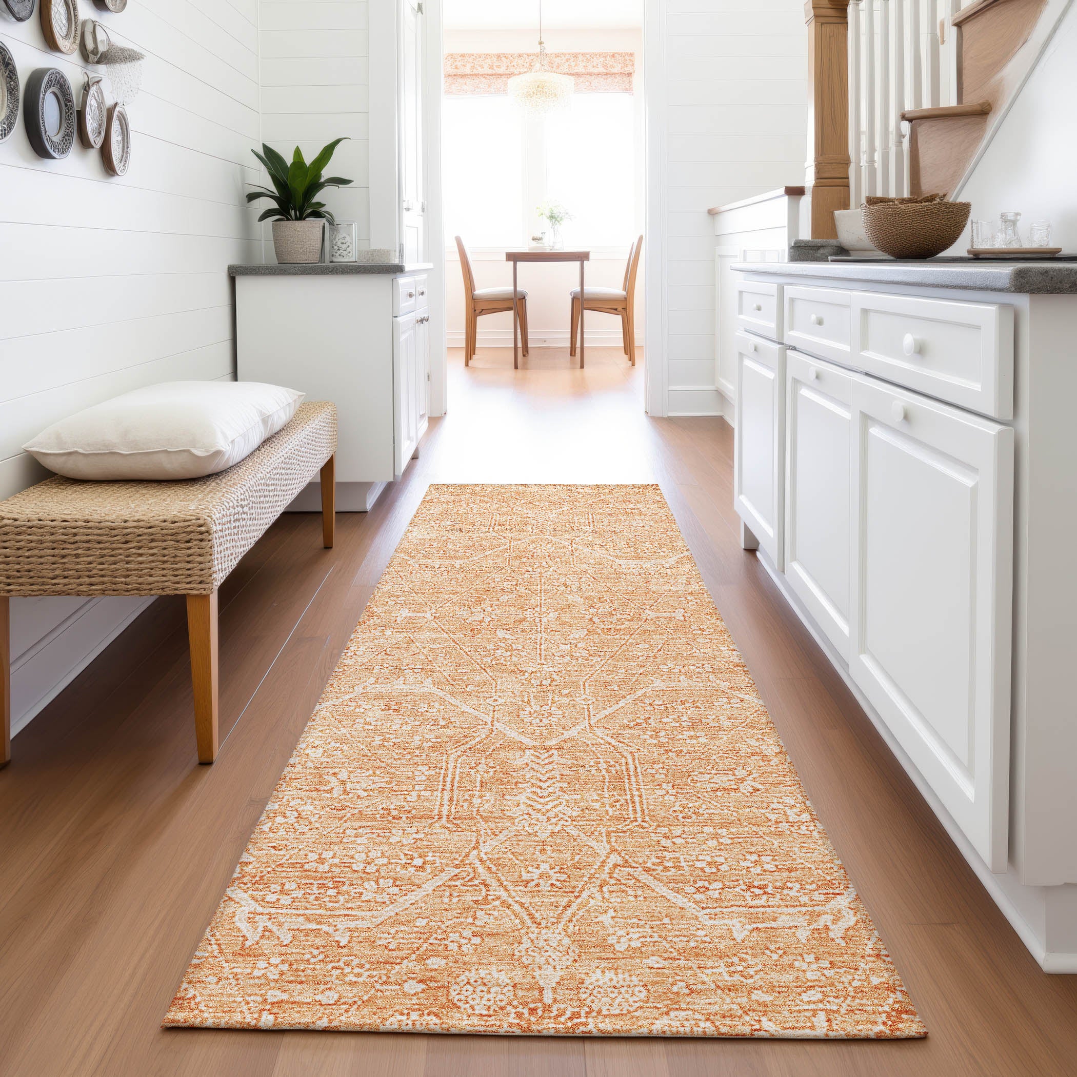Kotor Machine Washable Traditional Salmon Orange Rug 2'3" x 7'6" #shape_Runner