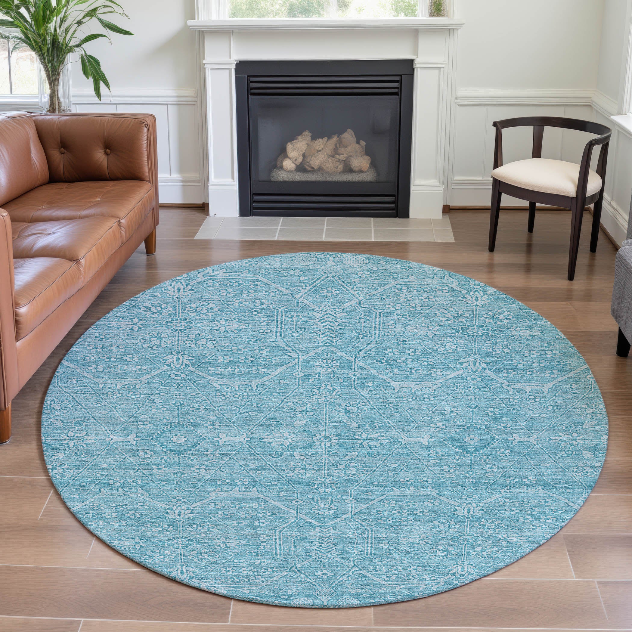 Kotor Machine Washable Traditional Sky Blue Rug 8' x 8' #shape_Round