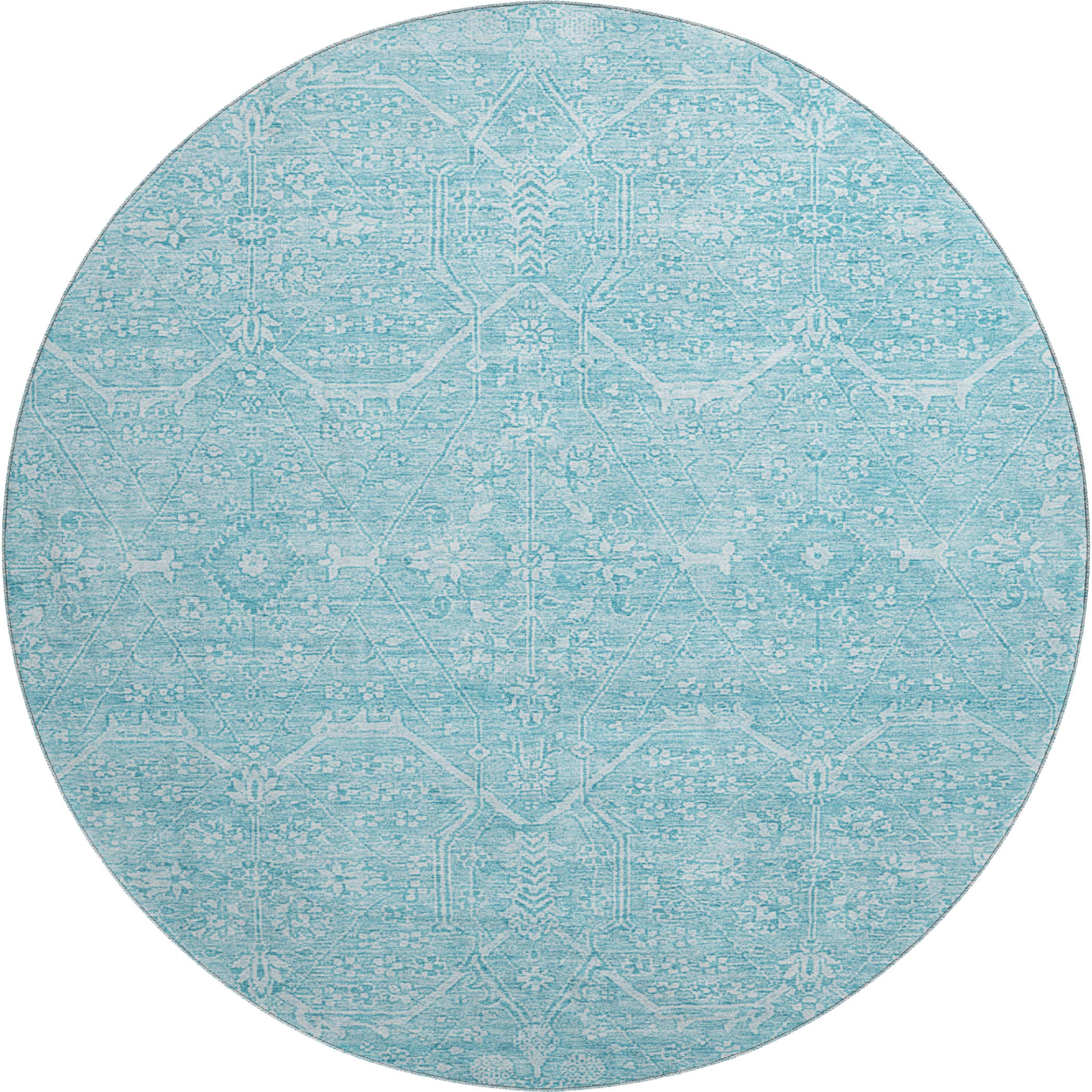 Kotor Machine Washable Traditional Sky Blue Rug 8' x 8' #shape_Round