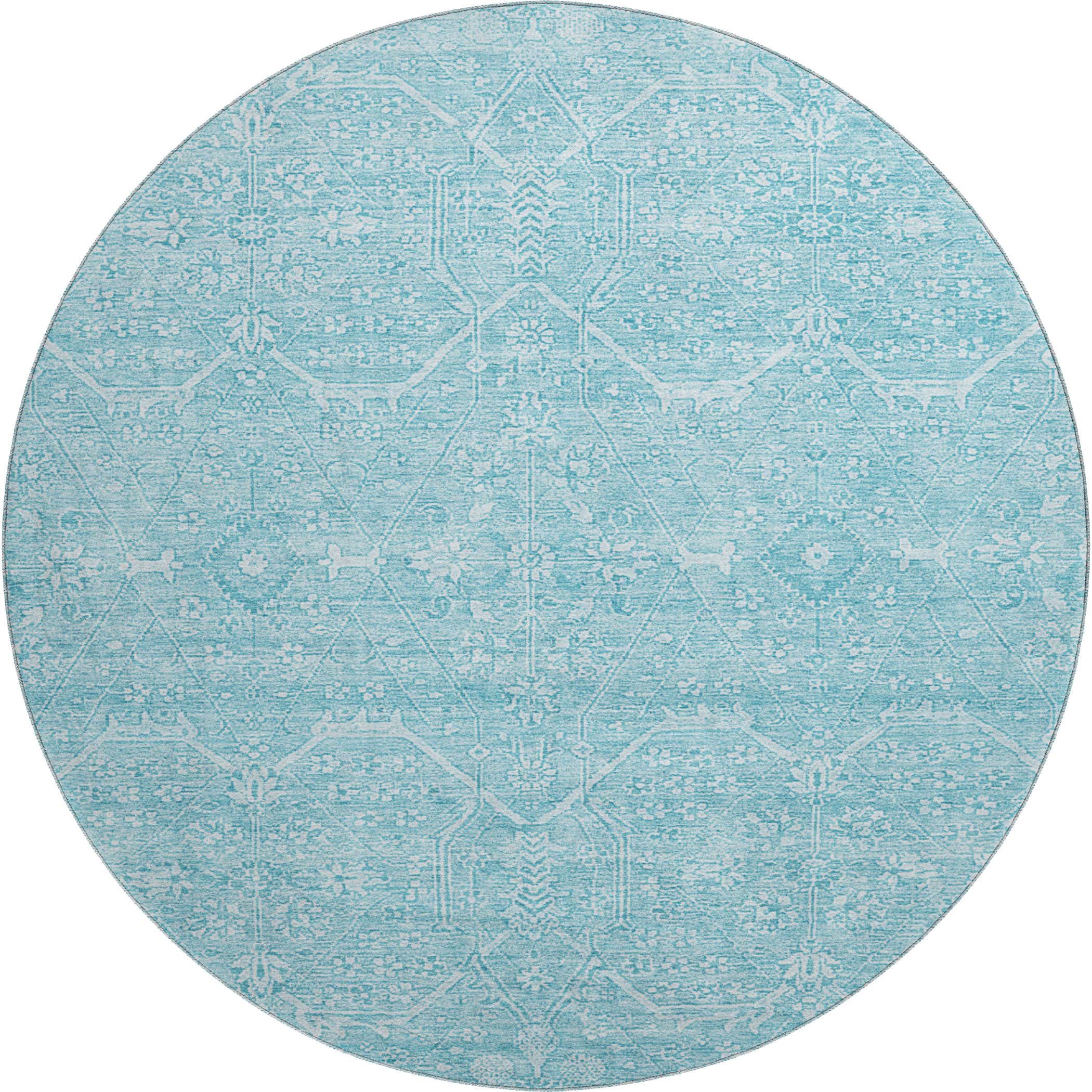 Kotor Machine Washable Traditional Sky Blue Rug 8' x 8' #shape_Round