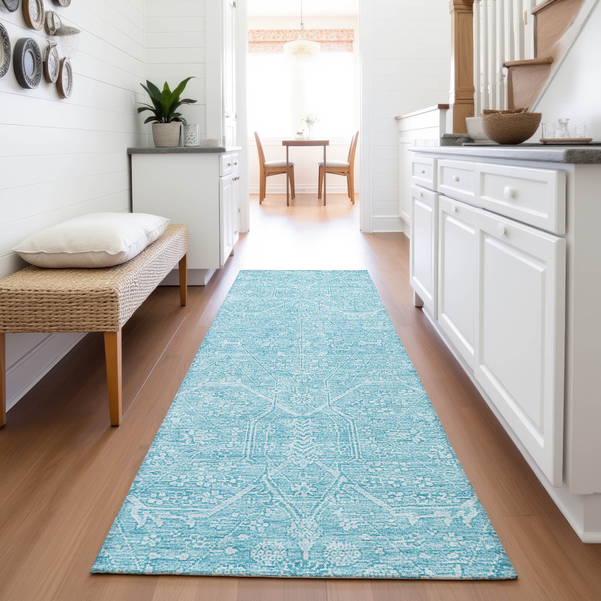 Kotor Machine Washable Traditional Sky Blue Rug 2'3" x 7'6" #shape_Runner